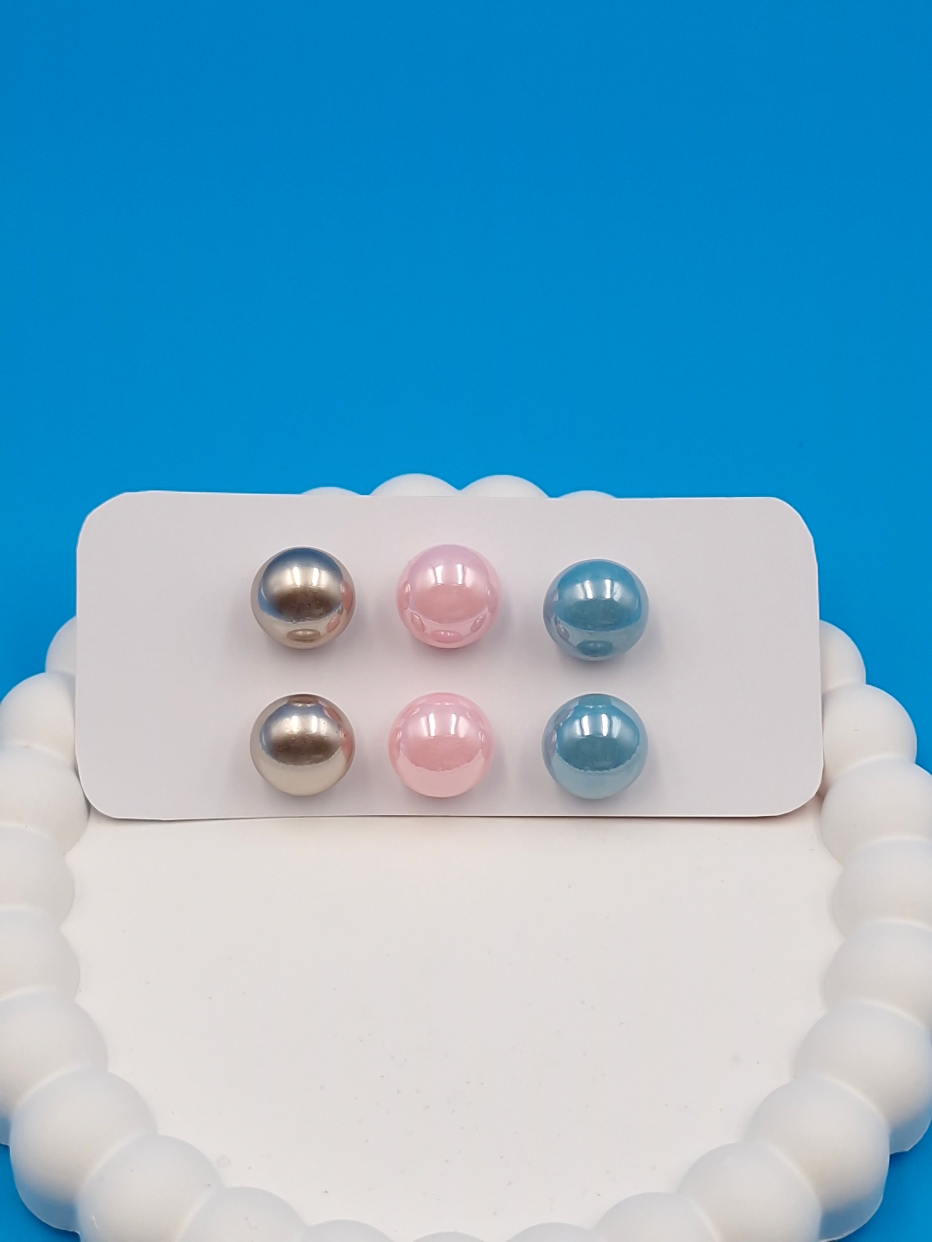 Classic Pearl Stud Earrings Set of 3 Pairs – Gold, Light Pink & Sky Blue Imitation Jewellery for Women & Girls