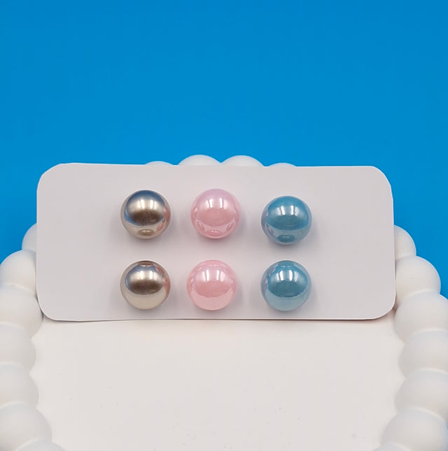 Classic Pearl Stud Earrings Set of 3 Pairs – Gold, Light Pink & Sky Blue Imitation Jewellery for Women & Girls