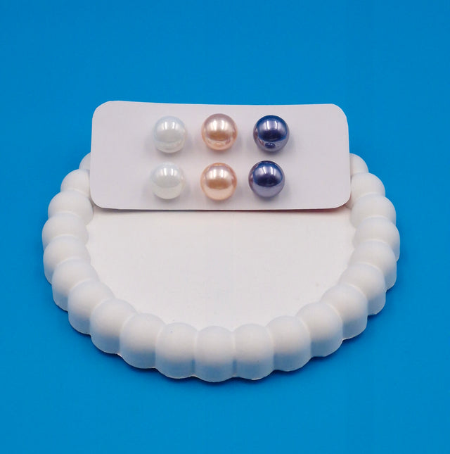 Classic Pearl Stud Earrings Set of 3 Pairs – White, Peach & Navy Blue Imitation Jewellery for Women & Girls