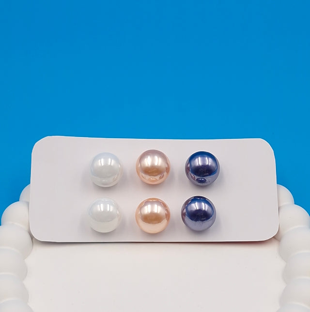 Classic Pearl Stud Earrings Set of 3 Pairs – White, Peach & Navy Blue Imitation Jewellery for Women & Girls