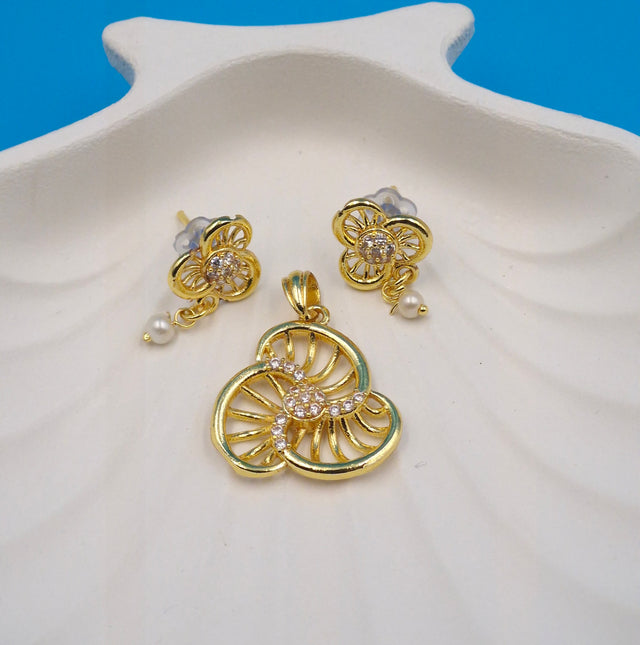 Gold Flower Pendant & Earring Set | Cubic Zirconia & Pearl