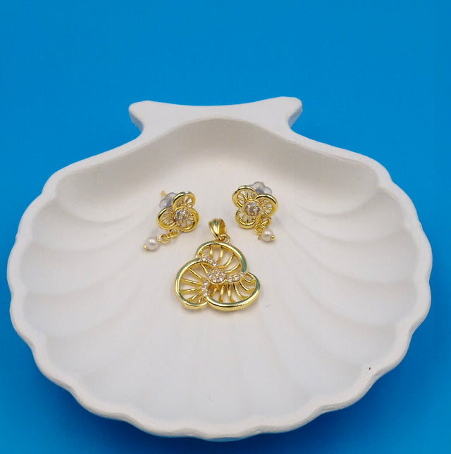 Gold Flower Pendant & Earring Set | Cubic Zirconia & Pearl