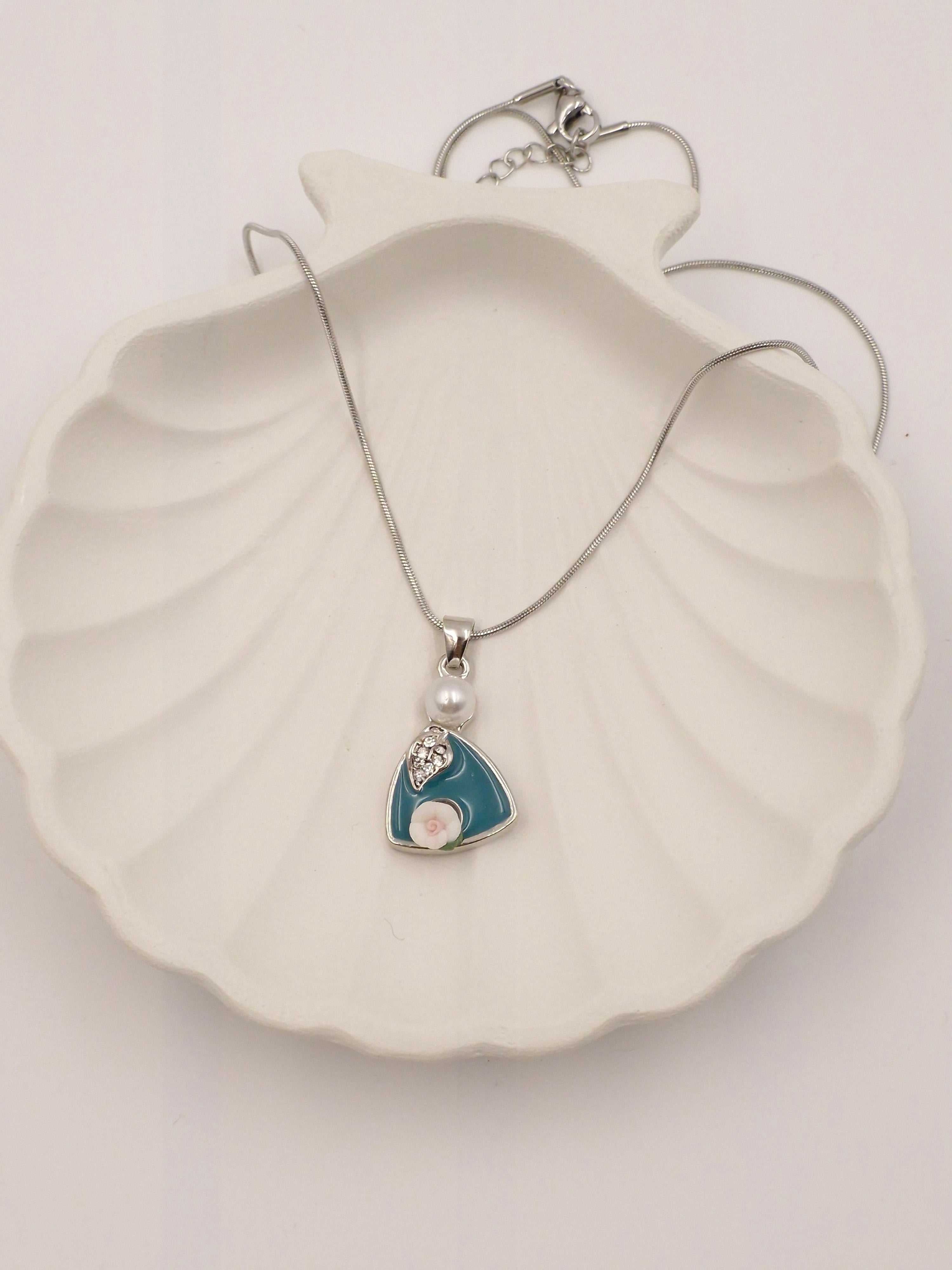 Stainless Steel Minakari Pearl Pendant with Rose Flower | Anti-Tarnish Necklace for Women