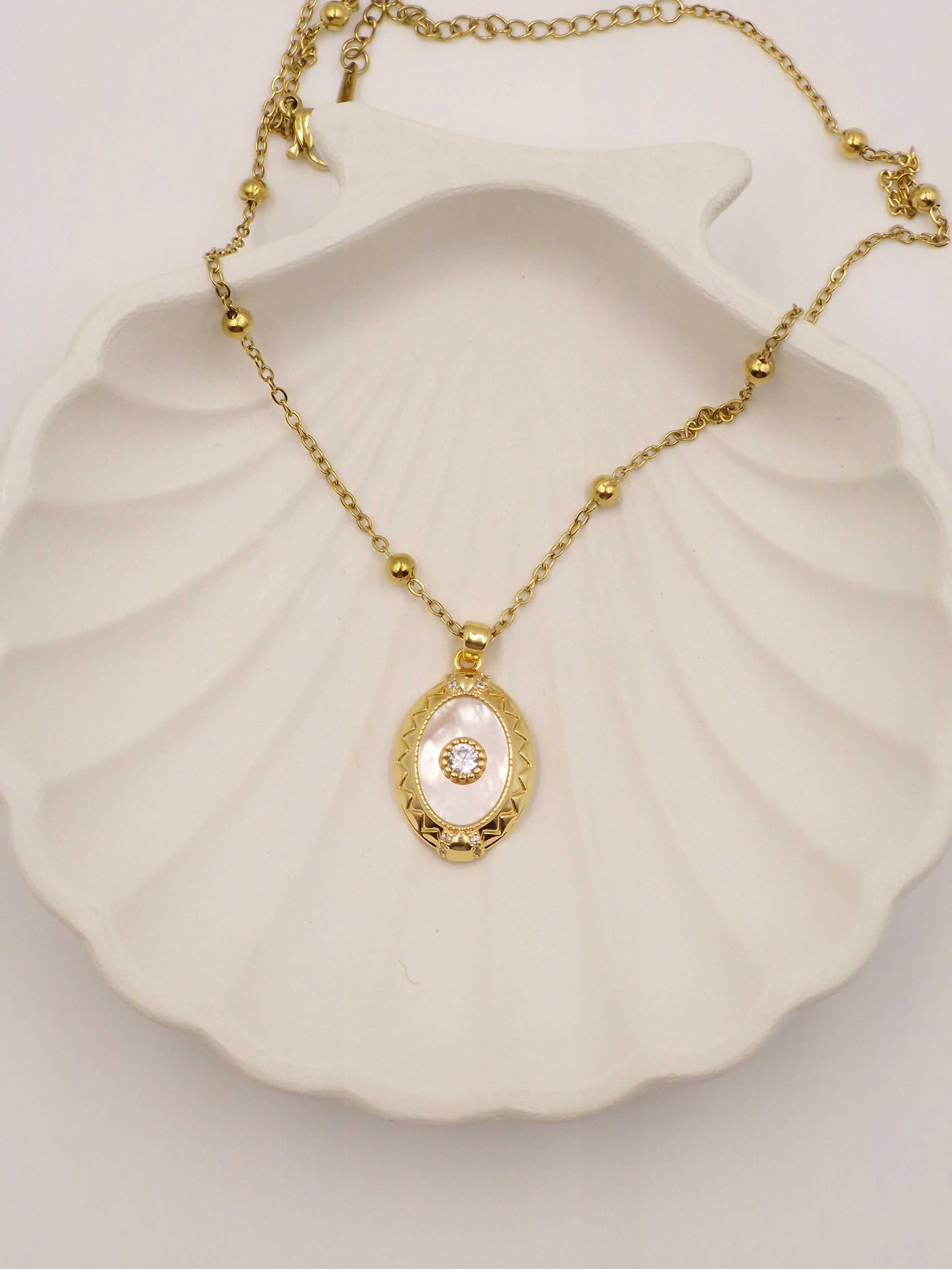 Gold Plated Stainless Steel Pendant Necklace with Pearl & Zircon Stone – Anti Tarnish