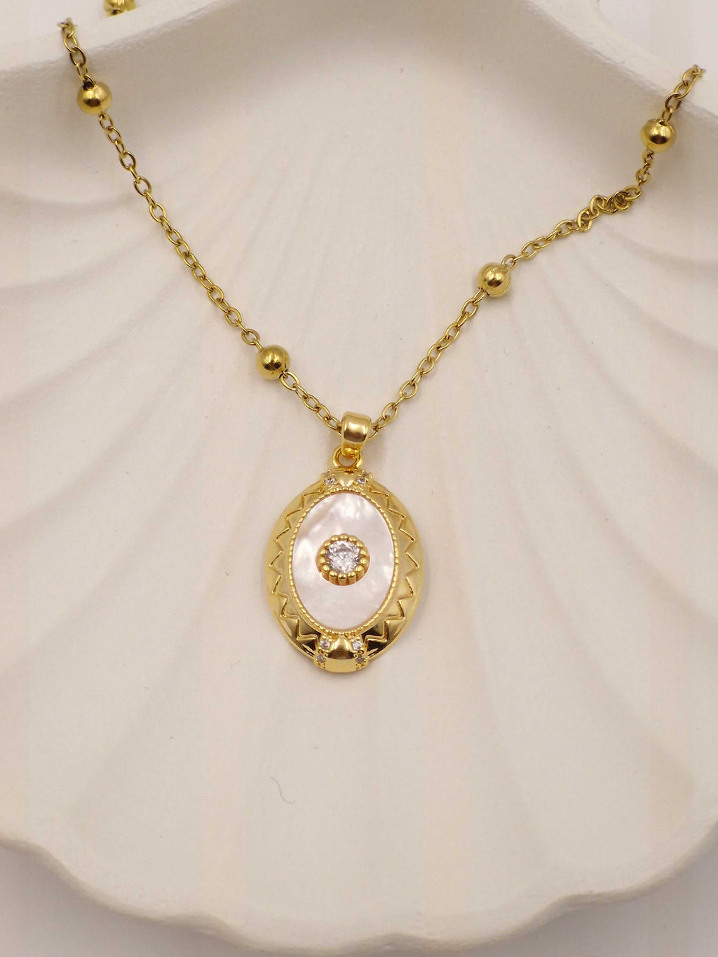 Gold Plated Stainless Steel Pendant Necklace with Pearl & Zircon Stone – Anti Tarnish