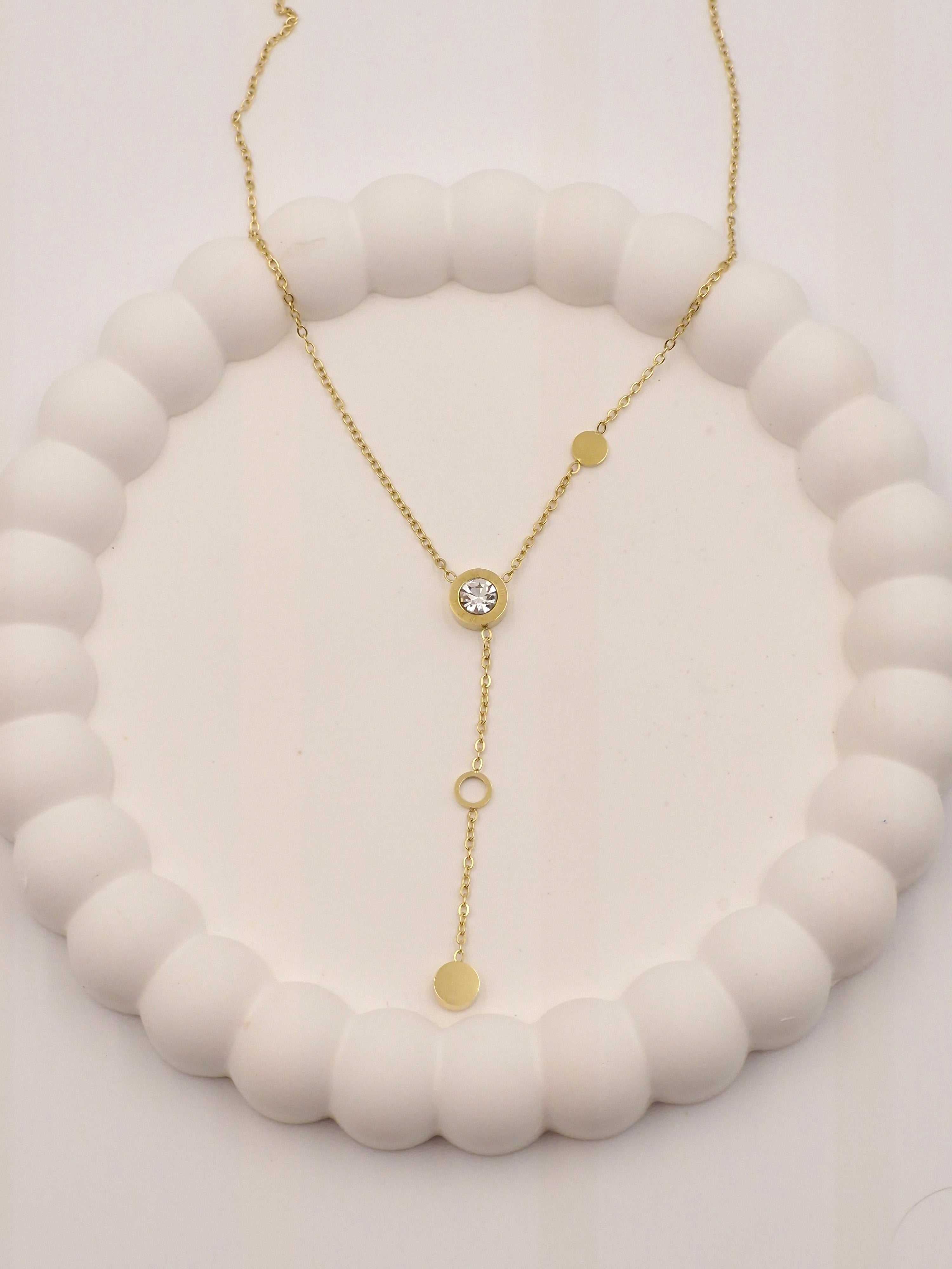 Gold Plated Stainless Steel Y-Shaped Pendant Necklace with Solitaire Stone – Anti Tarnish