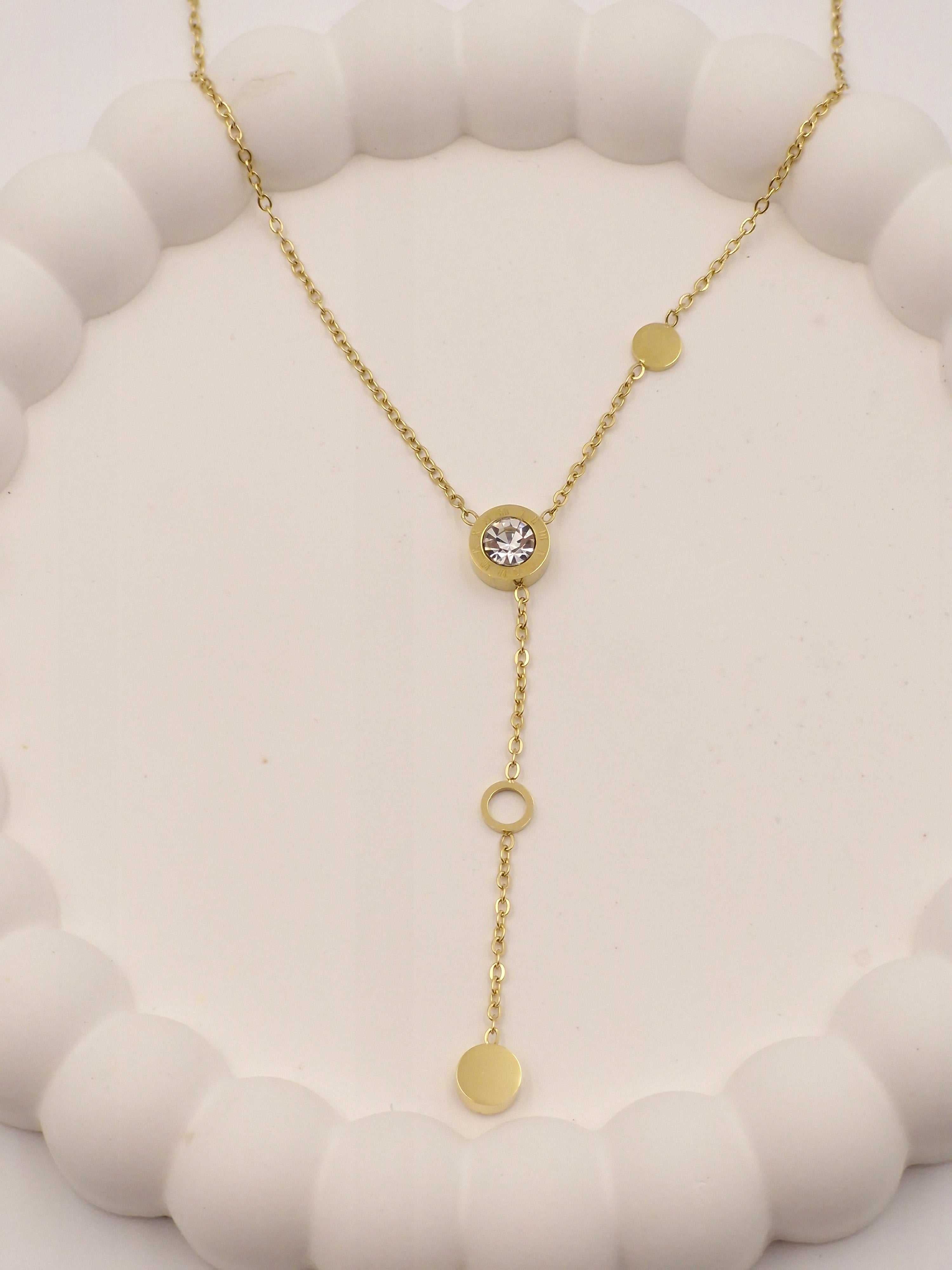 Gold Plated Stainless Steel Y-Shaped Pendant Necklace with Solitaire Stone – Anti Tarnish