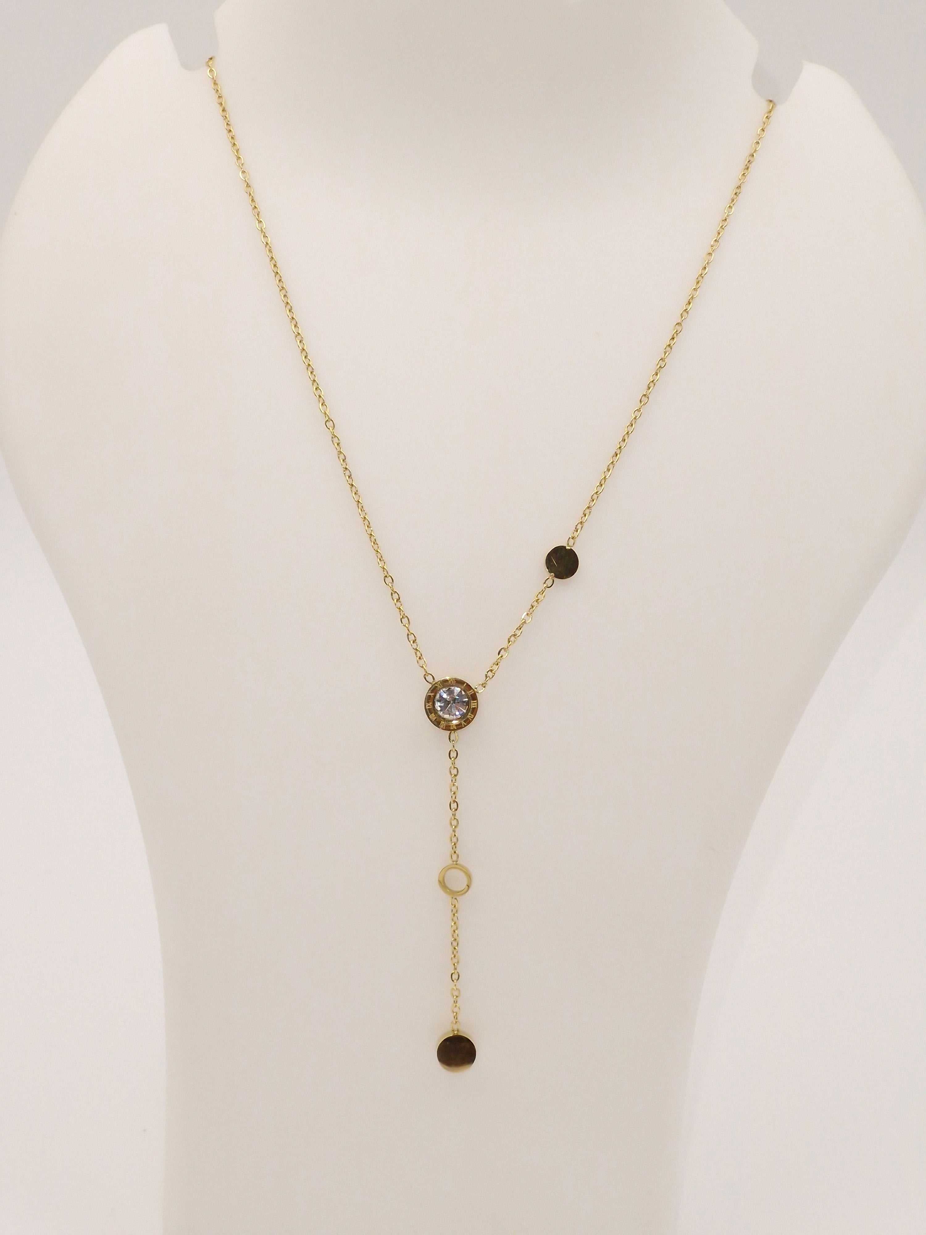 Gold Plated Stainless Steel Y-Shaped Pendant Necklace with Solitaire Stone – Anti Tarnish
