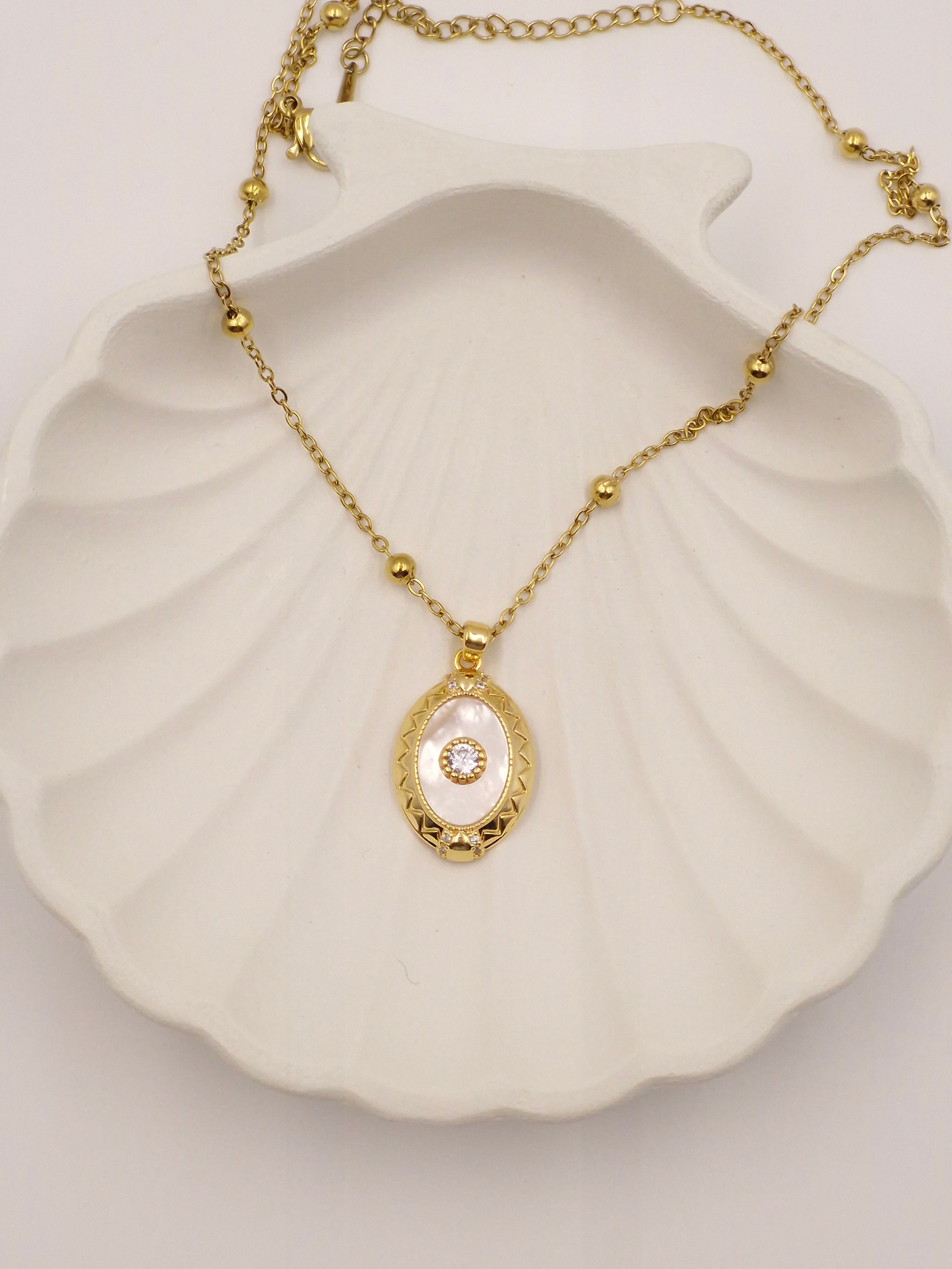 Gold Plated Stainless Steel Pendant Necklace with Pearl & Zircon Stone – Anti Tarnish