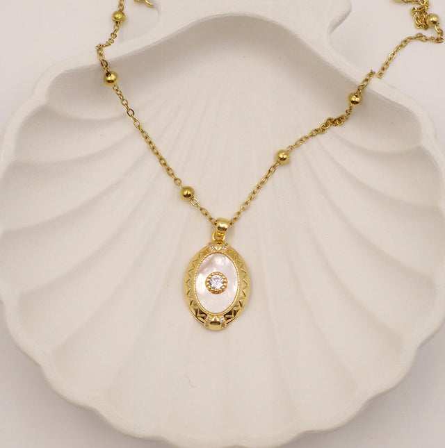 Gold Plated Stainless Steel Pendant Necklace with Pearl & Zircon Stone – Anti Tarnish