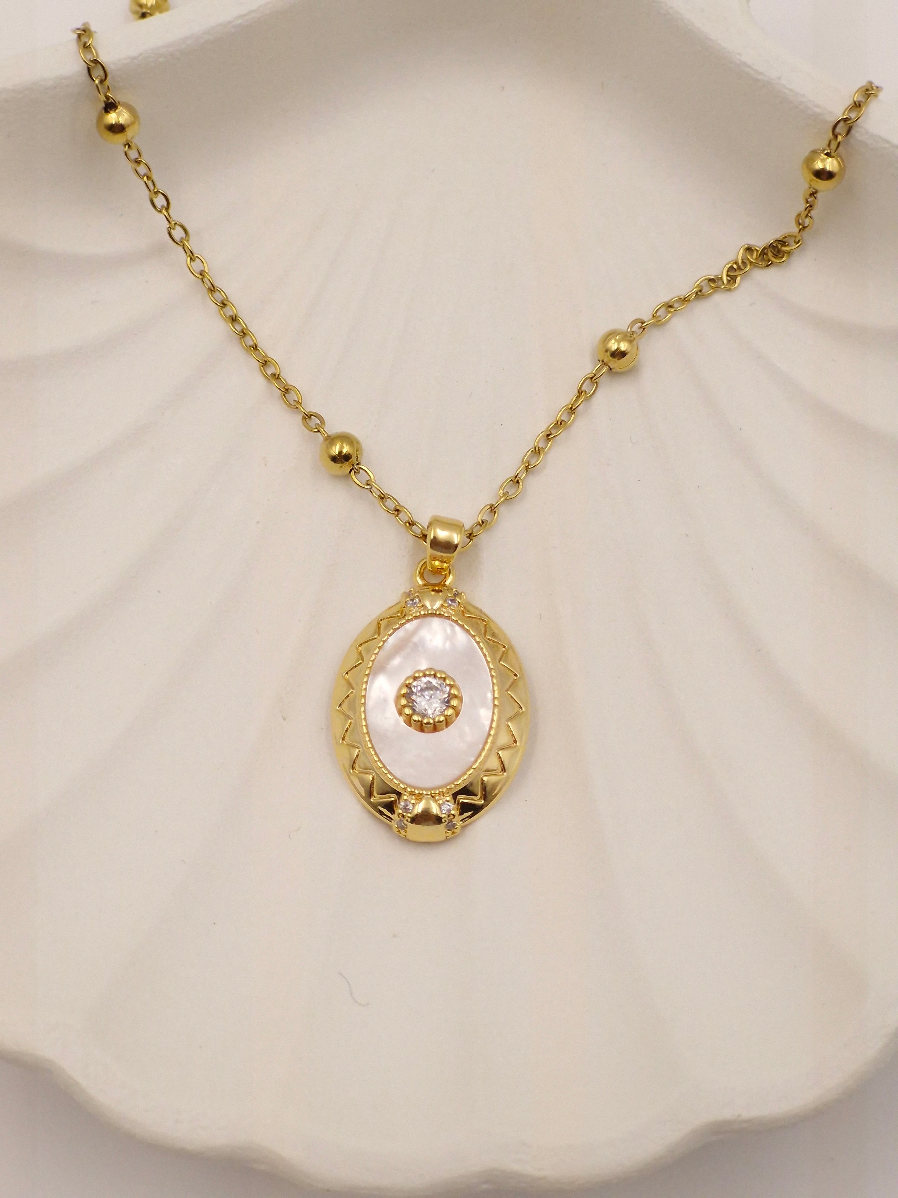 Gold Plated Stainless Steel Pendant Necklace with Pearl & Zircon Stone – Anti Tarnish