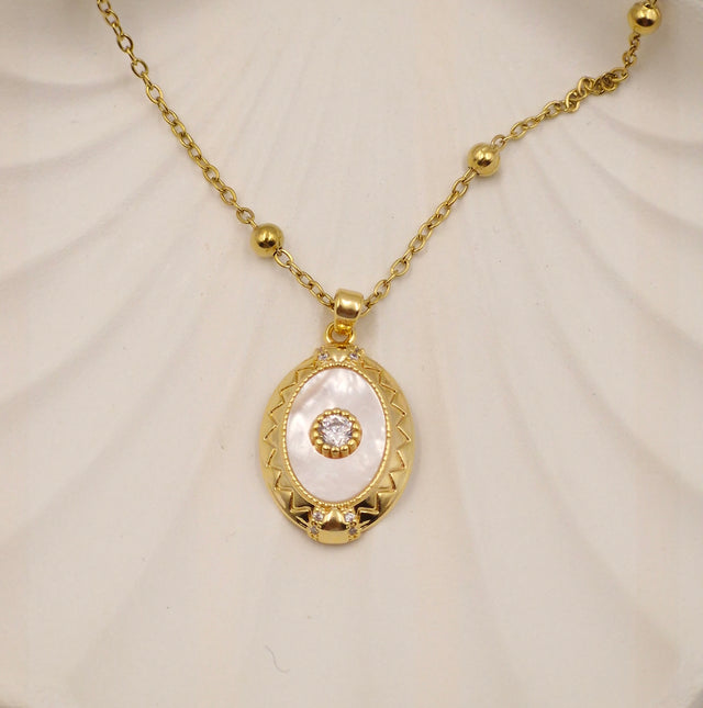 Gold Plated Stainless Steel Pendant Necklace with Pearl & Zircon Stone – Anti Tarnish