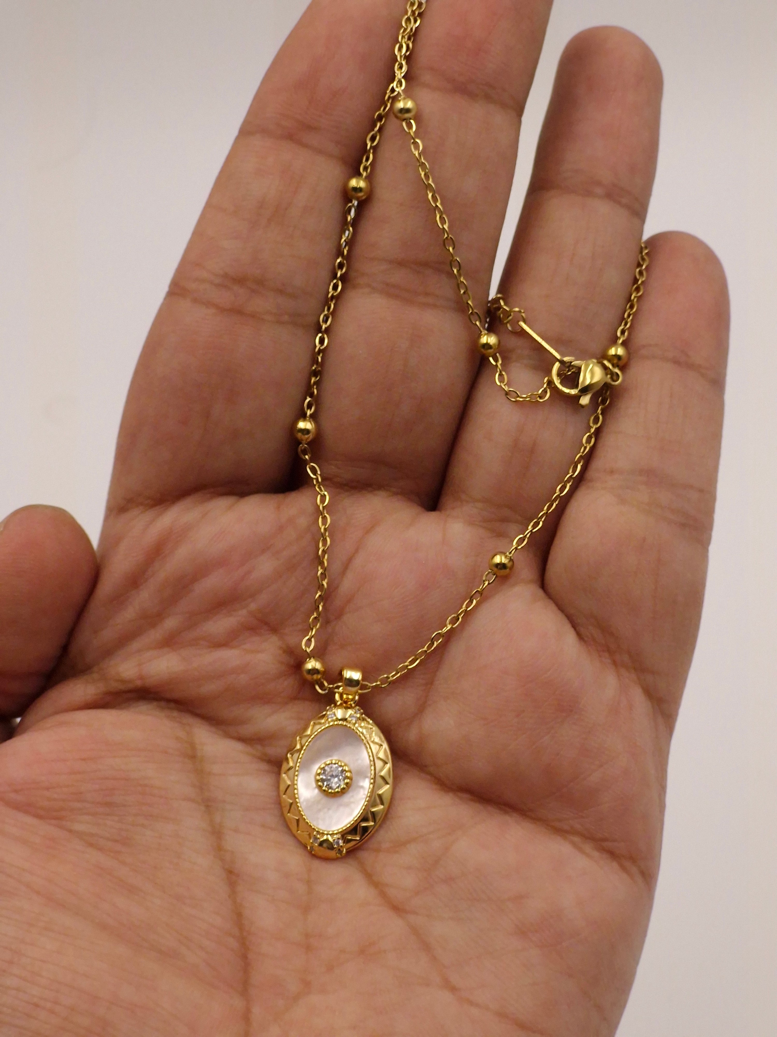 Gold Plated Stainless Steel Pendant Necklace with Pearl & Zircon Stone – Anti Tarnish