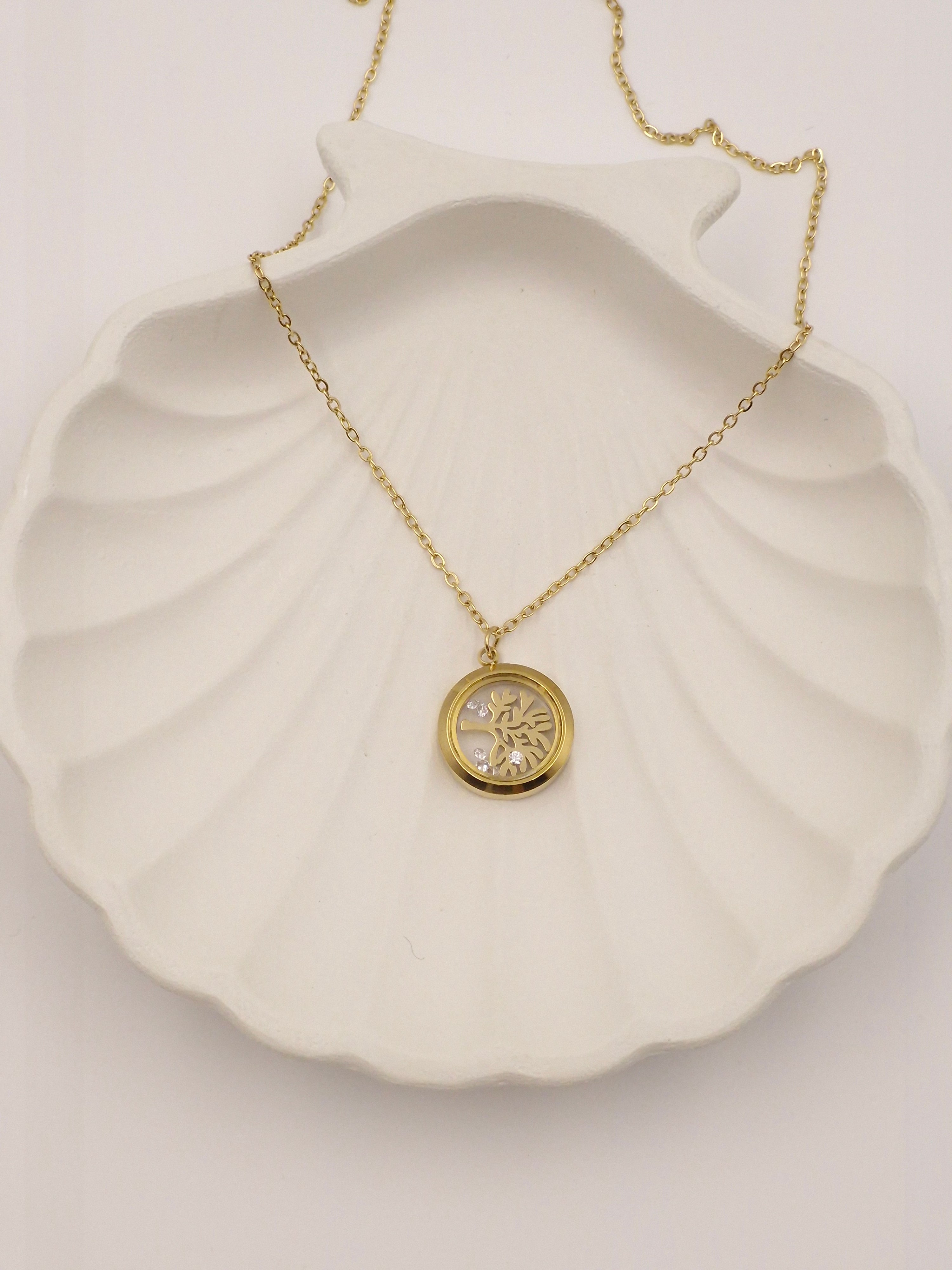 Gold Plated Stainless Steel Tree of Life Pendant Necklace with Zircon Stones – Anti Tarnish