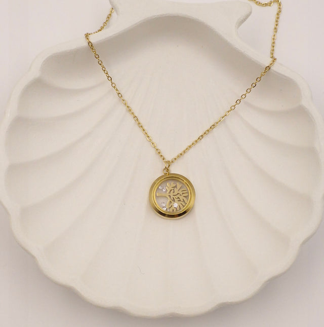 Gold Plated Stainless Steel Tree of Life Pendant Necklace with Zircon Stones – Anti Tarnish