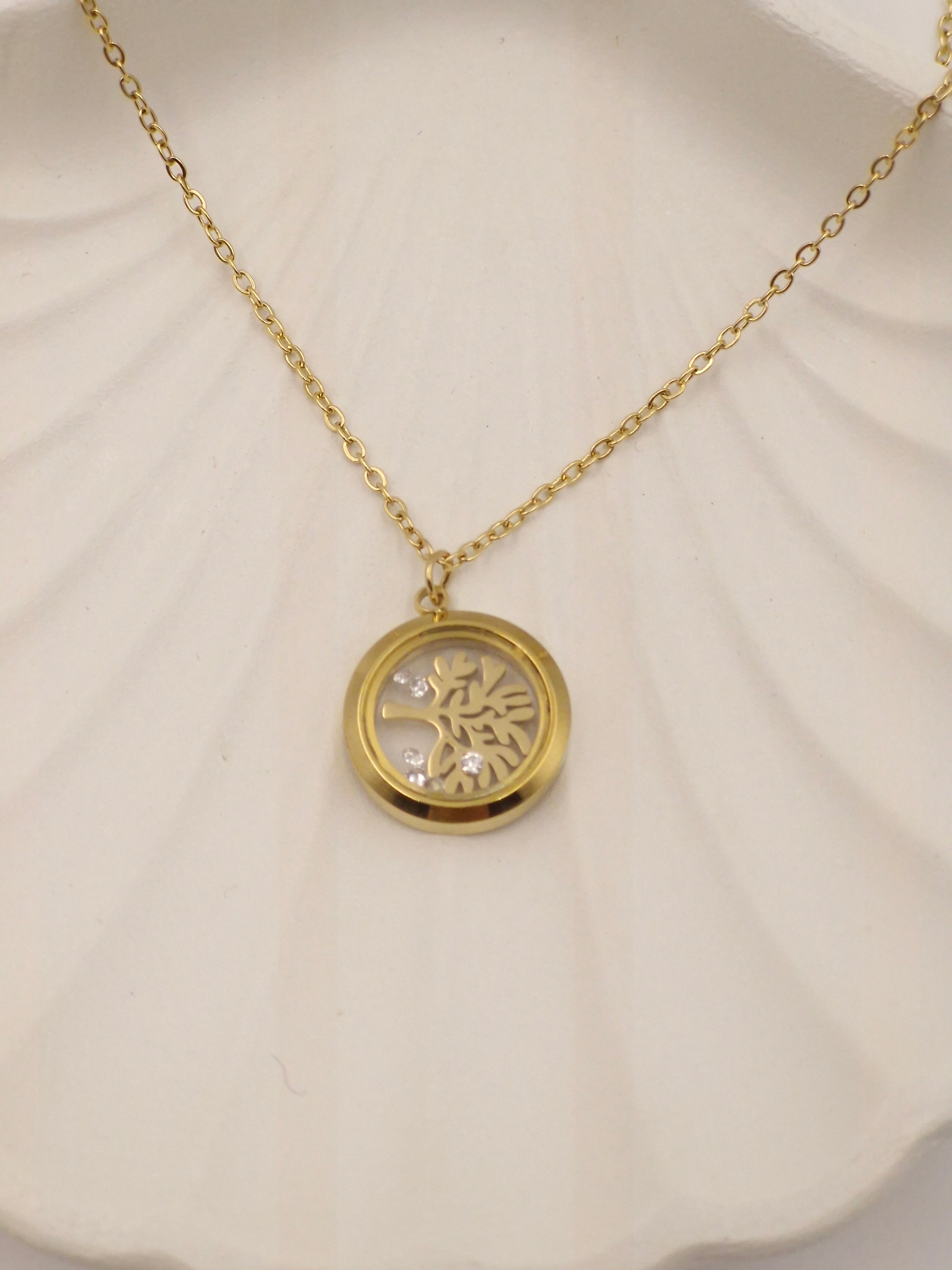 Gold Plated Stainless Steel Tree of Life Pendant Necklace with Zircon Stones – Anti Tarnish