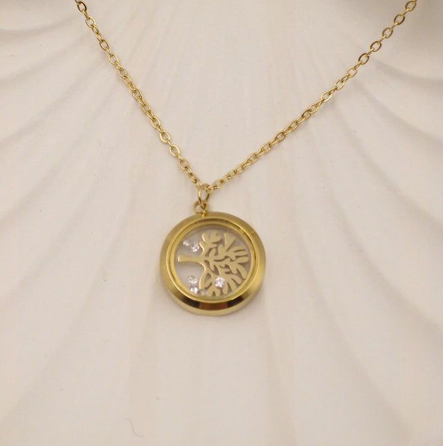 Gold Plated Stainless Steel Tree of Life Pendant Necklace with Zircon Stones – Anti Tarnish