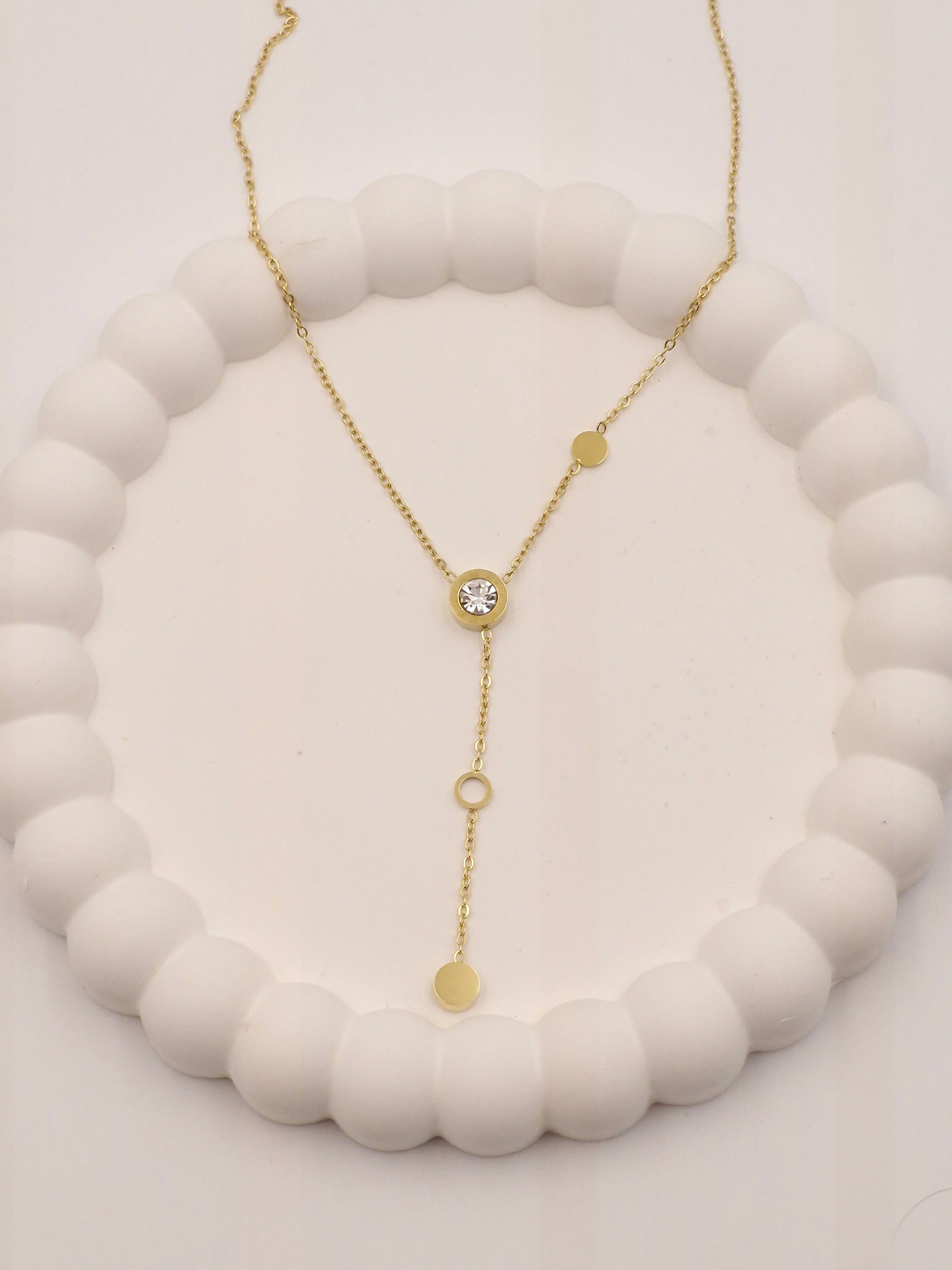 Gold Plated Stainless Steel Y-Shaped Pendant Necklace with Solitaire Stone – Anti Tarnish