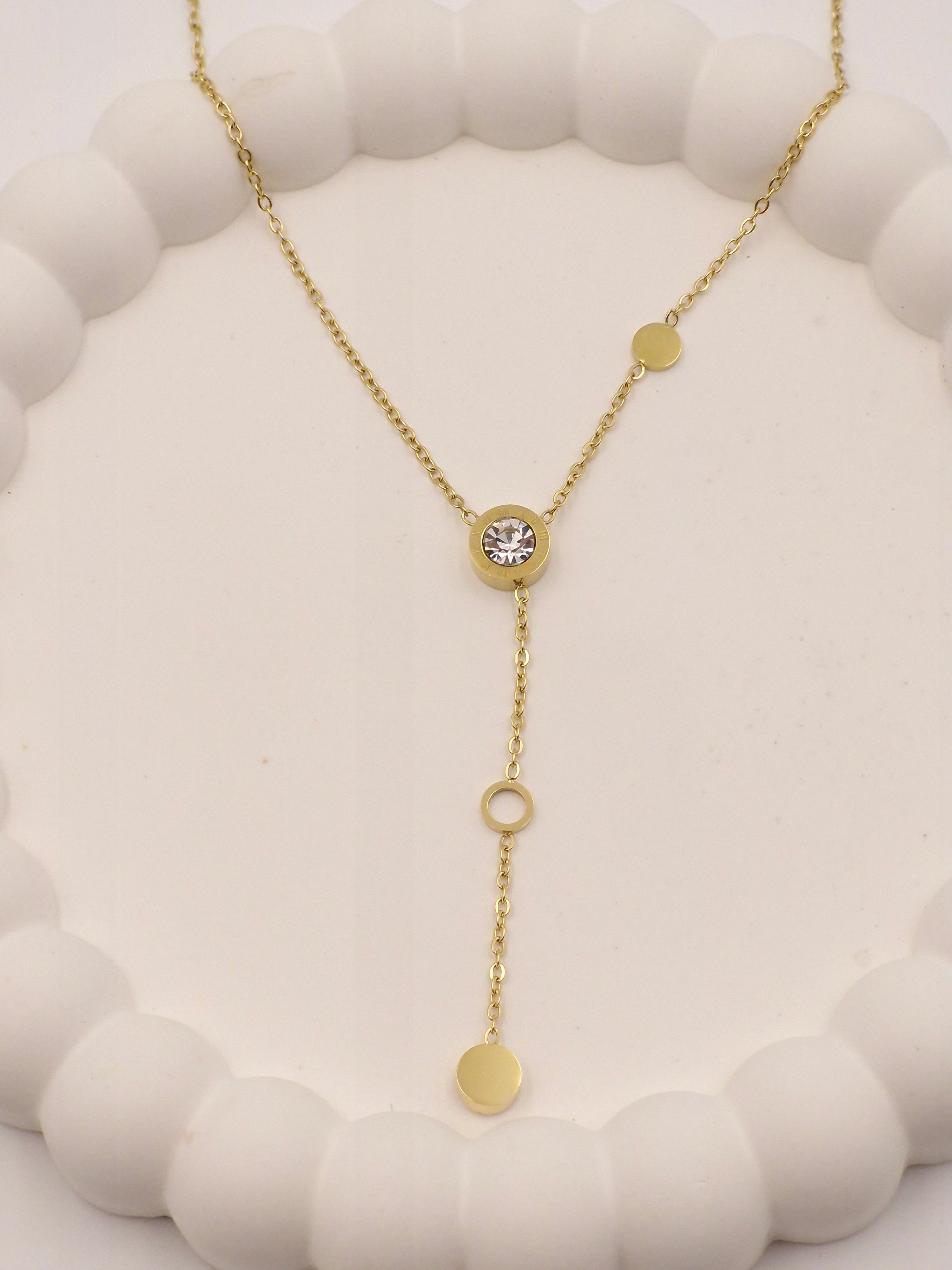 Gold Plated Stainless Steel Y-Shaped Pendant Necklace with Solitaire Stone – Anti Tarnish