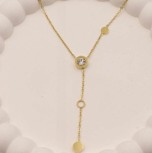 Gold Plated Stainless Steel Y-Shaped Pendant Necklace with Solitaire Stone – Anti Tarnish