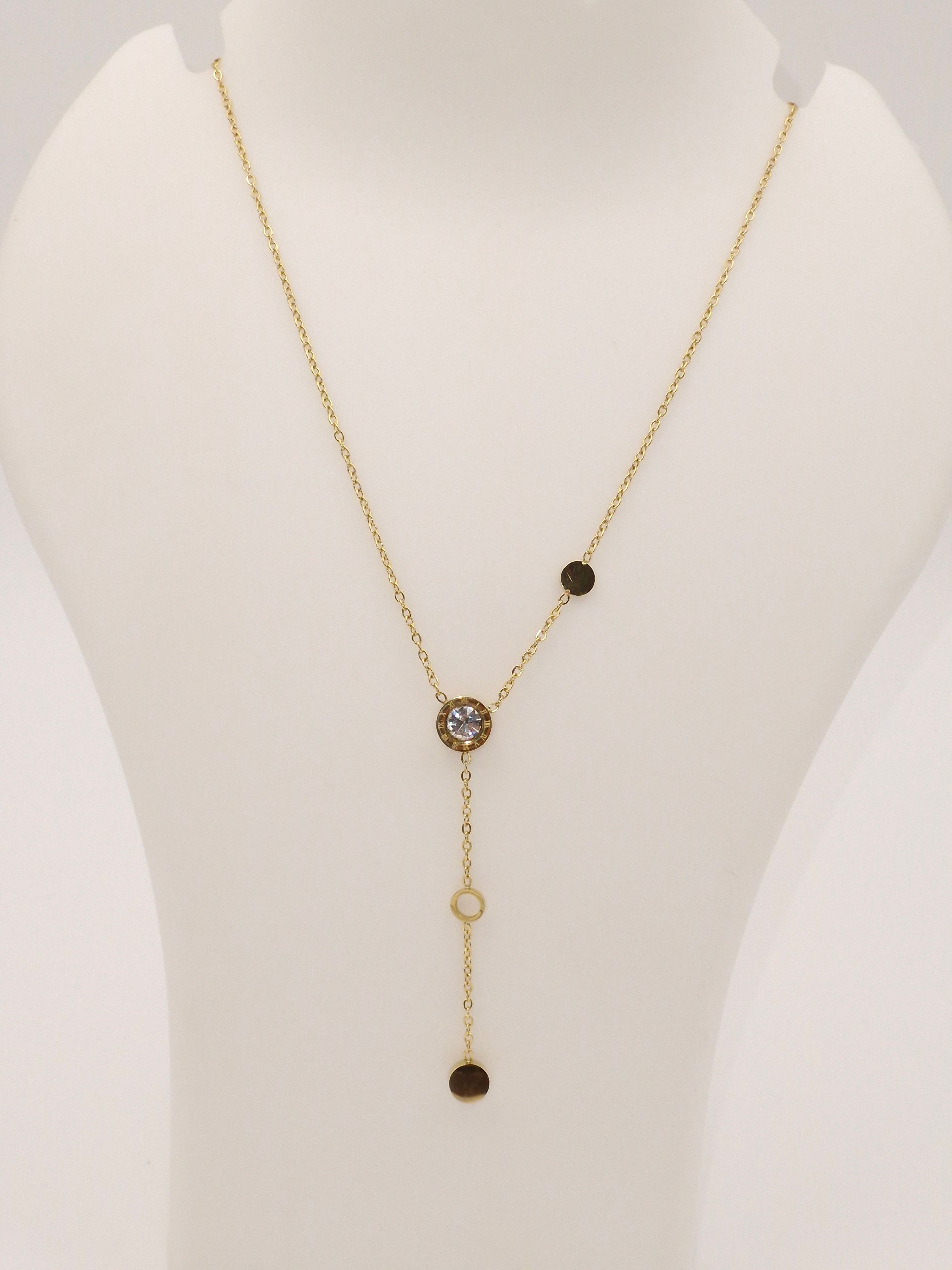 Gold Plated Stainless Steel Y-Shaped Pendant Necklace with Solitaire Stone – Anti Tarnish