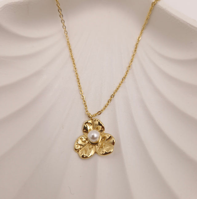 Gold Flower Necklace with Pearl | Stainless Steel & Anti-Tarnish