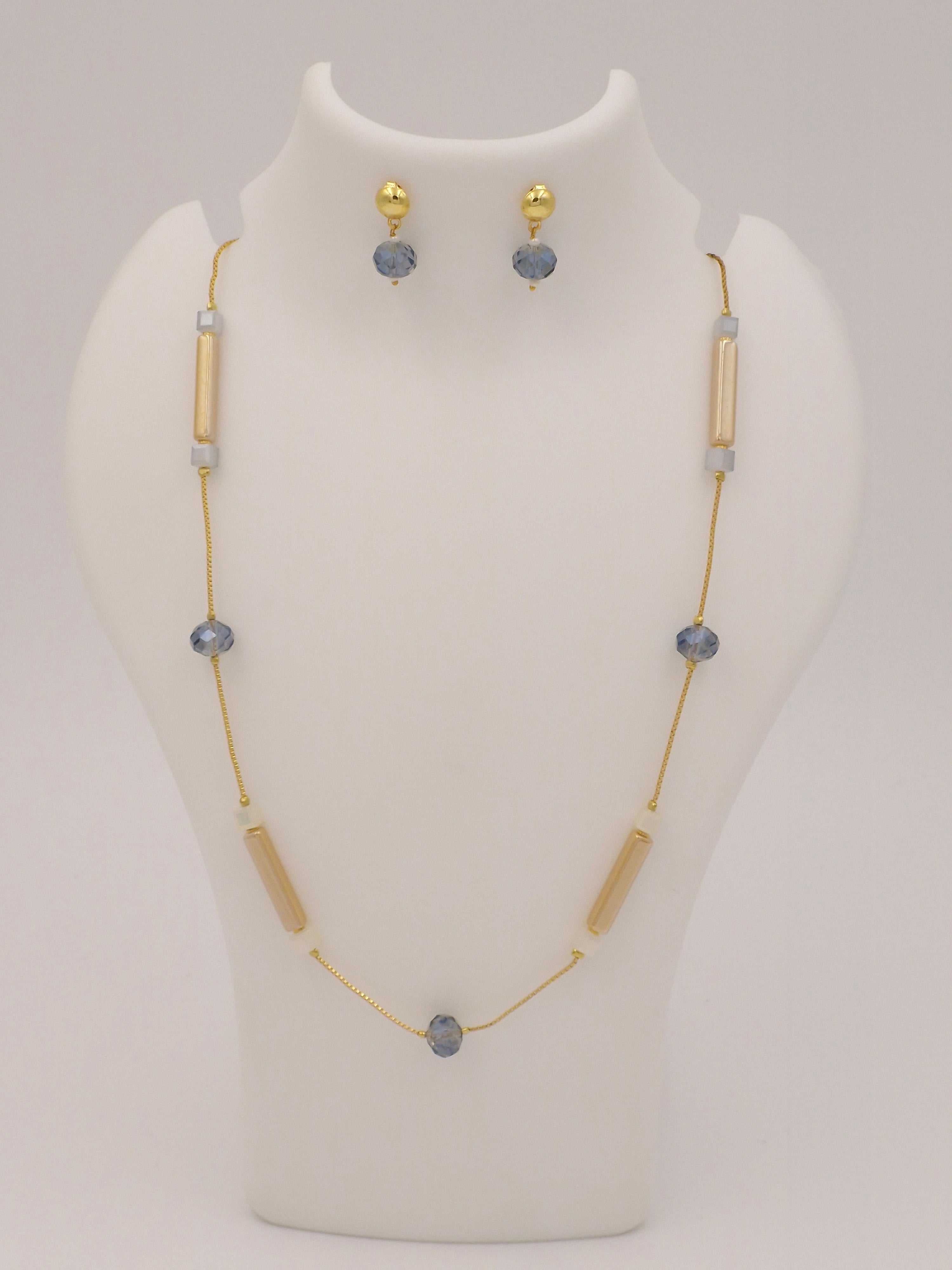 Long Beaded Necklace & Earrings Set for Women | Blue Crystal & Gold Rod Chain Jewellery Combo