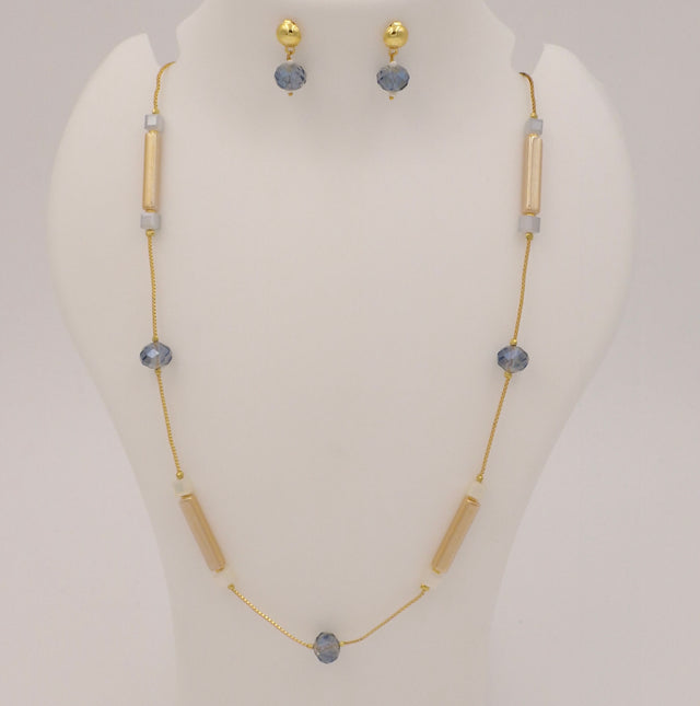 Long Beaded Necklace & Earrings Set for Women | Blue Crystal & Gold Rod Chain Jewellery Combo