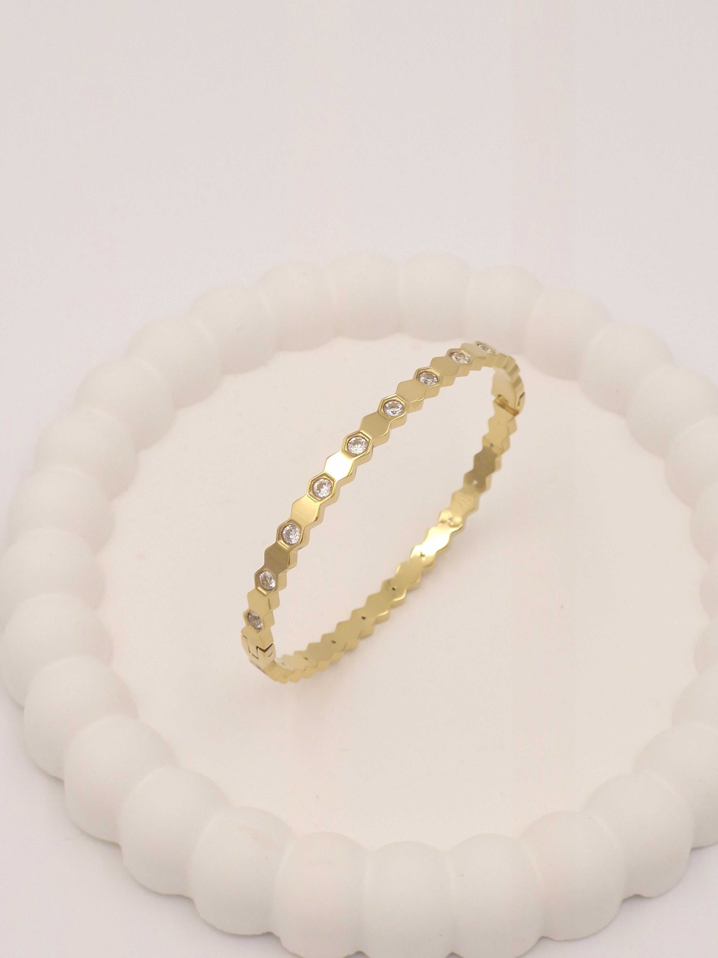 Stainless Steel Anti-Tarnish Hexagon Bangle Bracelet with Crystals | Gold Tone Kada