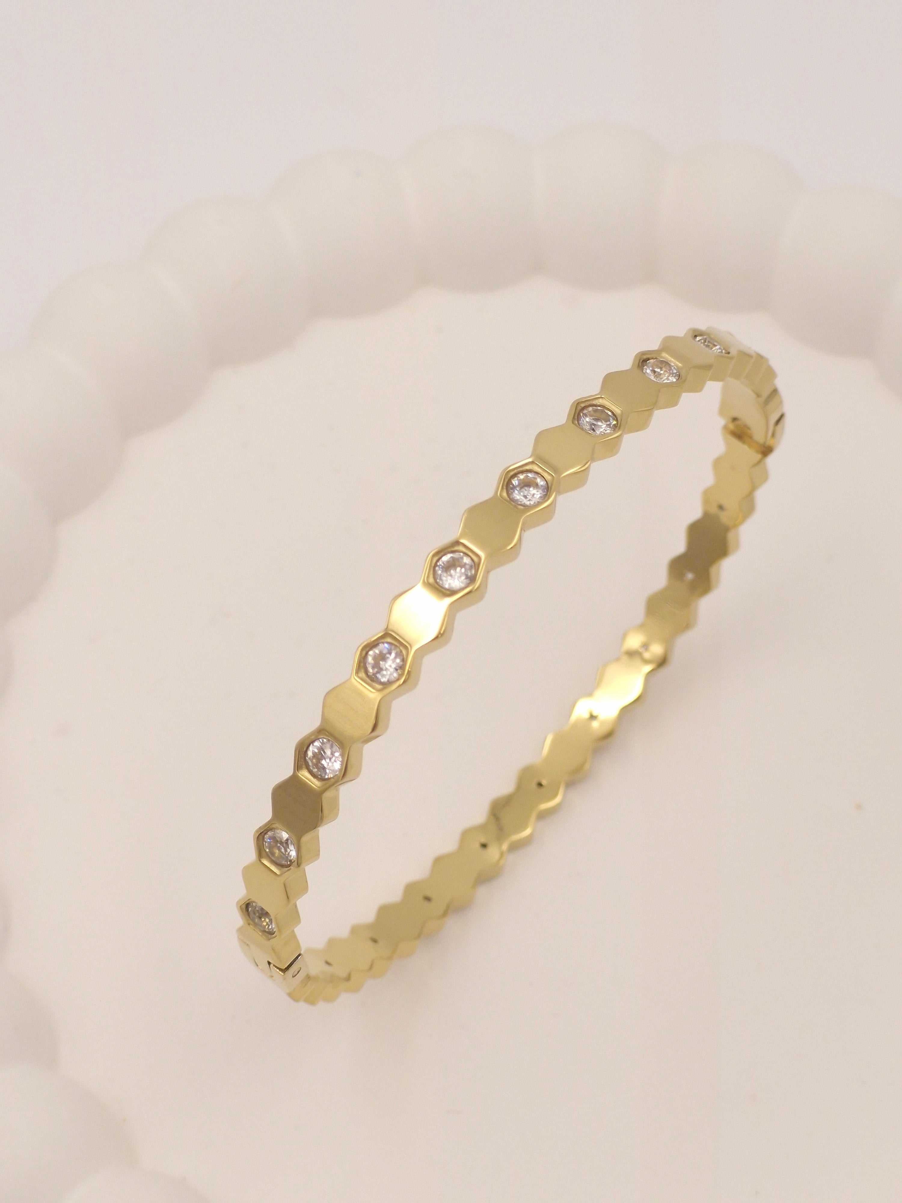 Stainless Steel Anti-Tarnish Hexagon Bangle Bracelet with Crystals | Gold Tone Kada