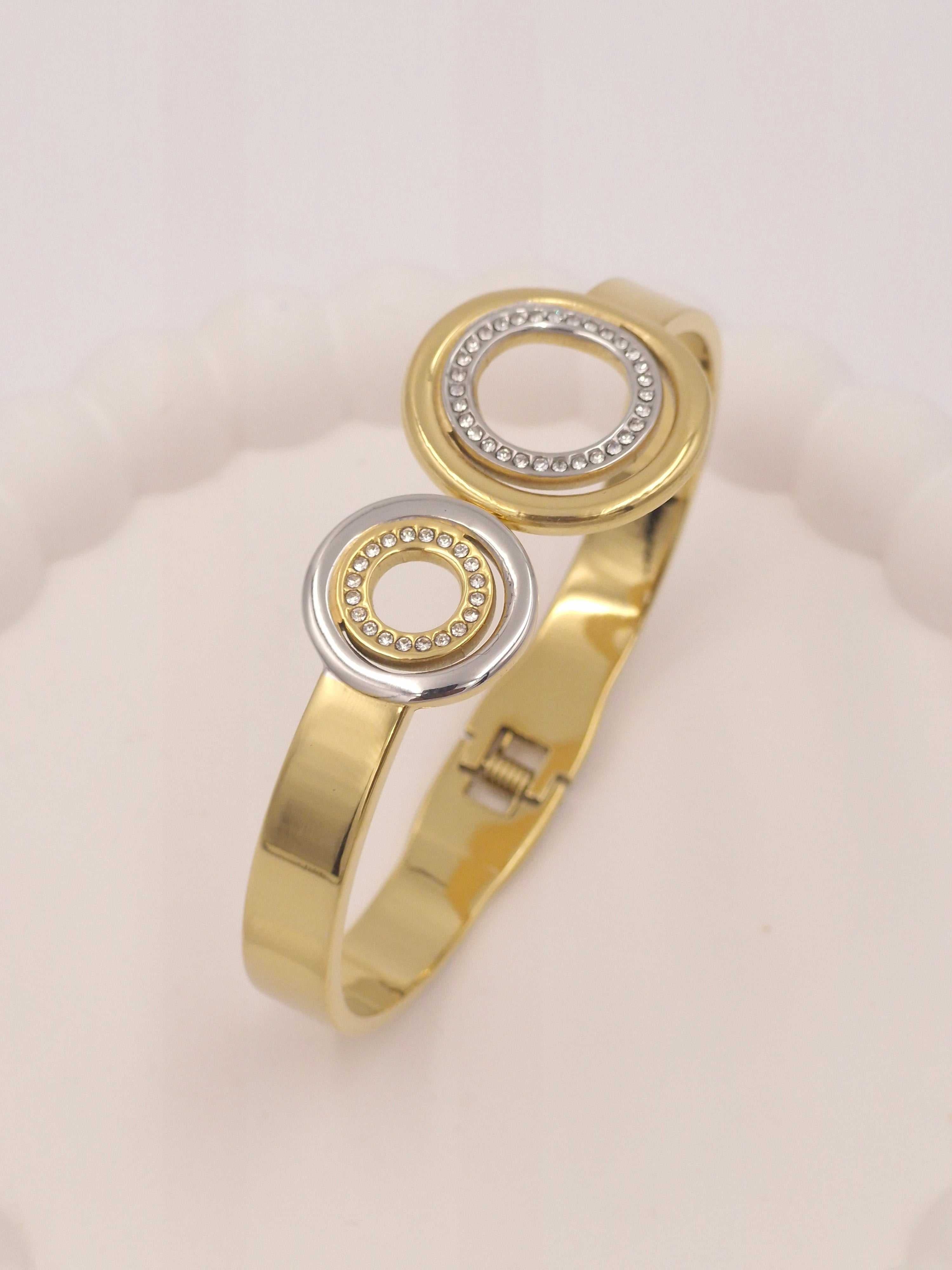 Anti-Tarnish Stainless Steel Two-Tone Bangle Bracelet with Crystals