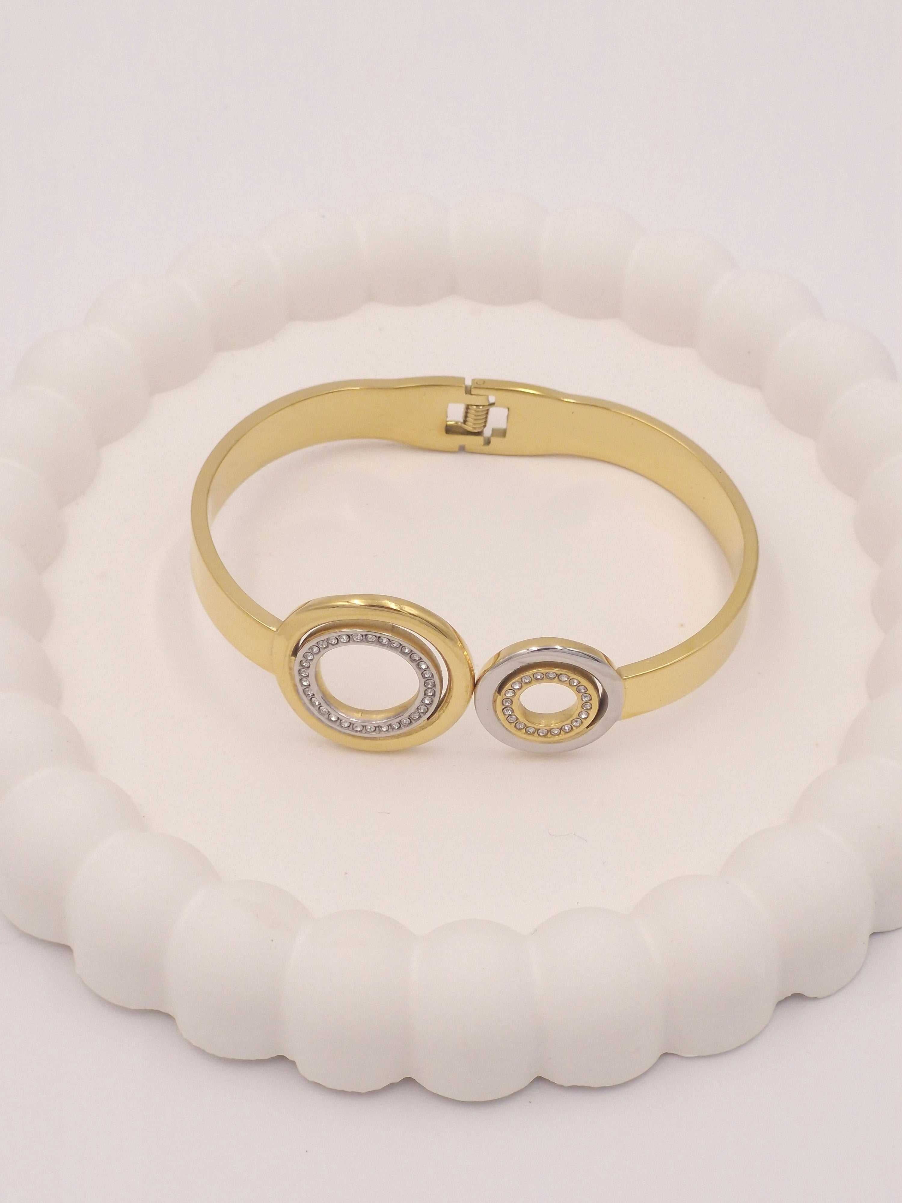 Anti-Tarnish Stainless Steel Two-Tone Bangle Bracelet with Crystals