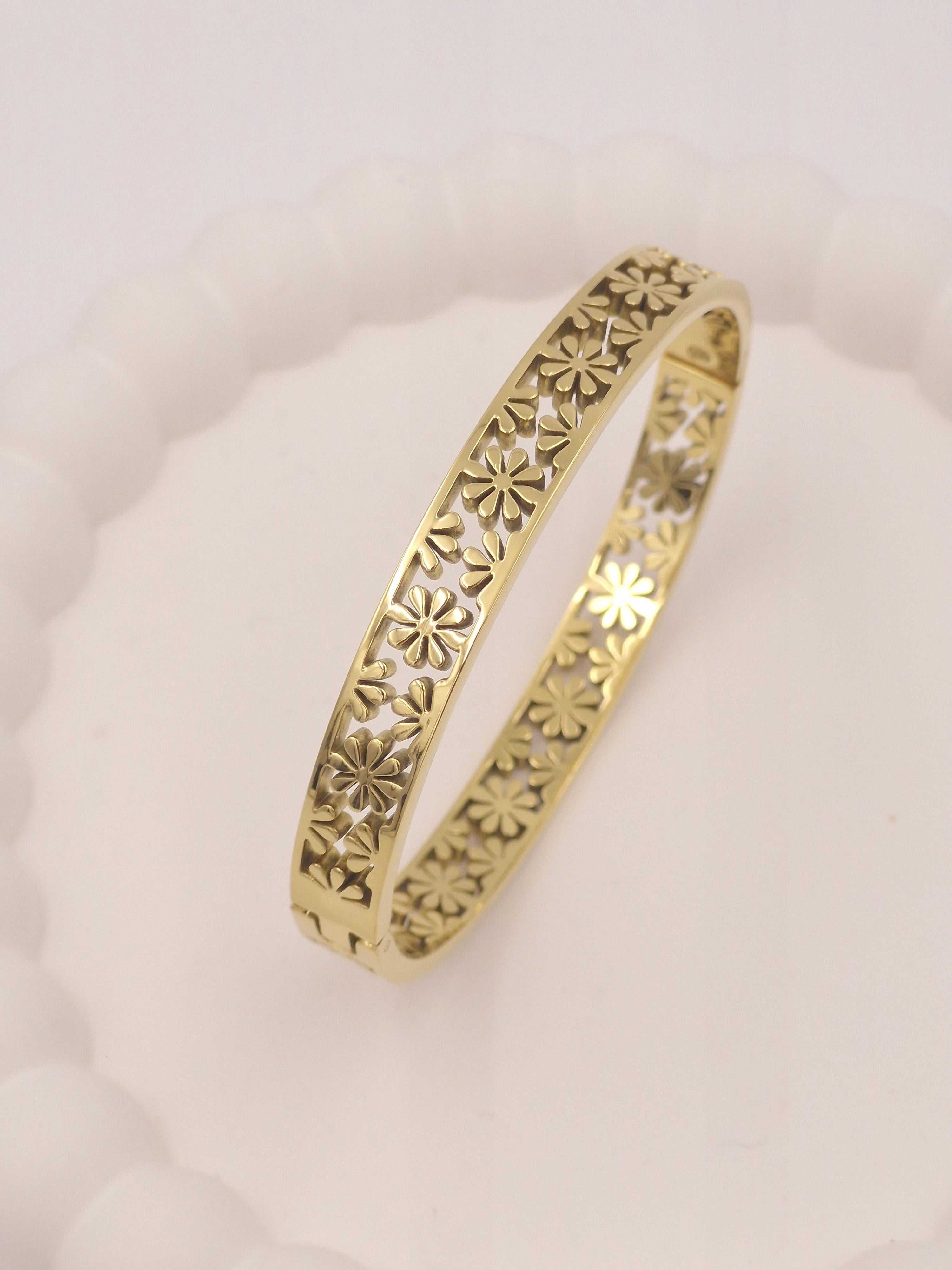 Anti-Tarnish Stainless Steel Gold-Tone Filigree Floral Cut-Out Bangle Bracelet