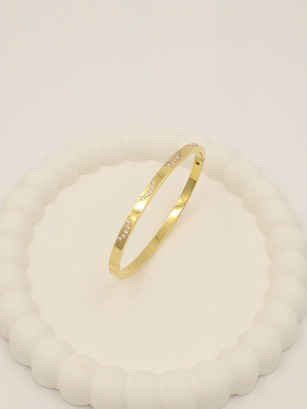 Anti-Tarnish Stainless Steel Gold-Tone Wavy Crystal Bangle Bracelet