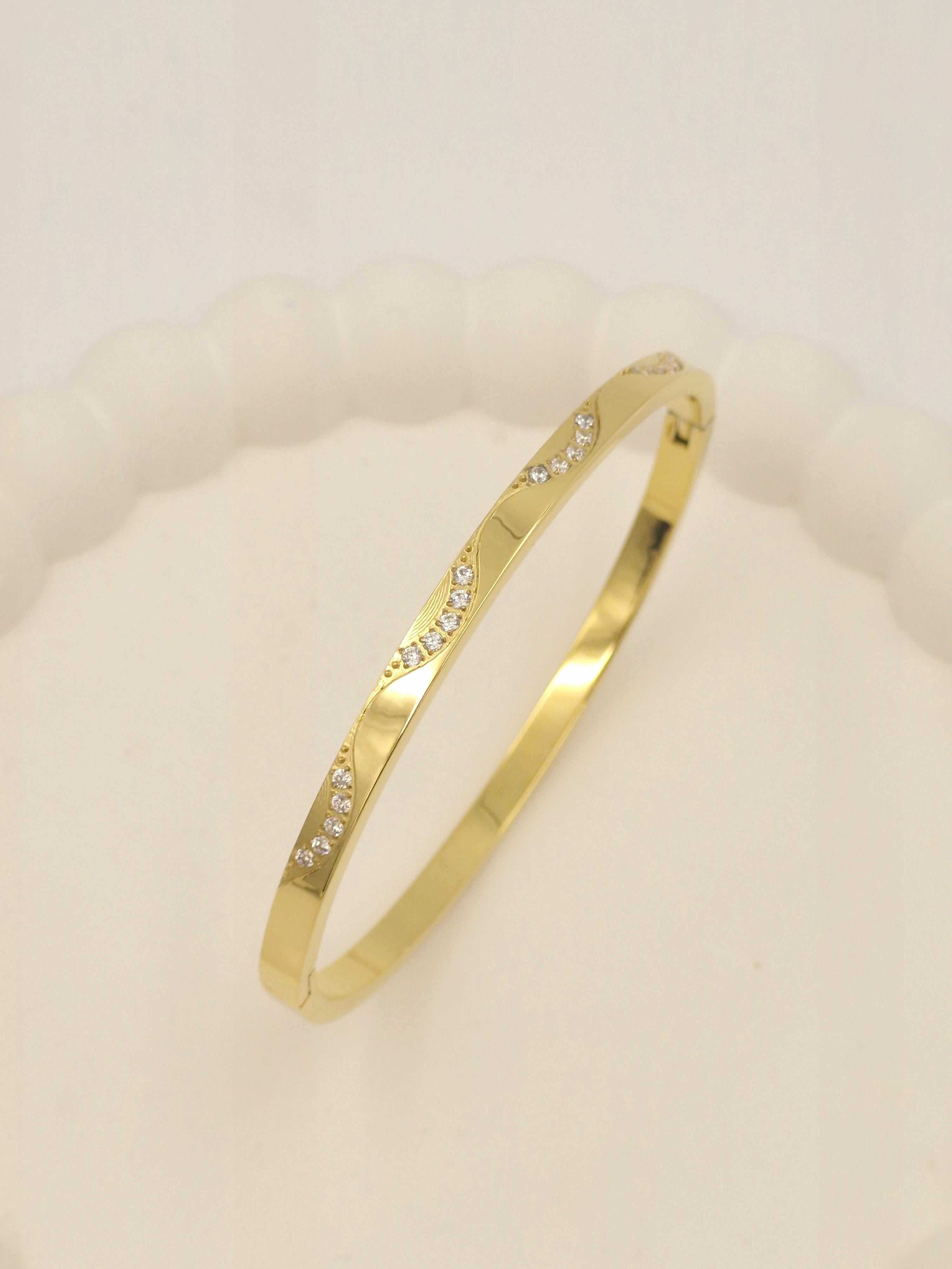 Anti-Tarnish Stainless Steel Gold-Tone Wavy Crystal Bangle Bracelet