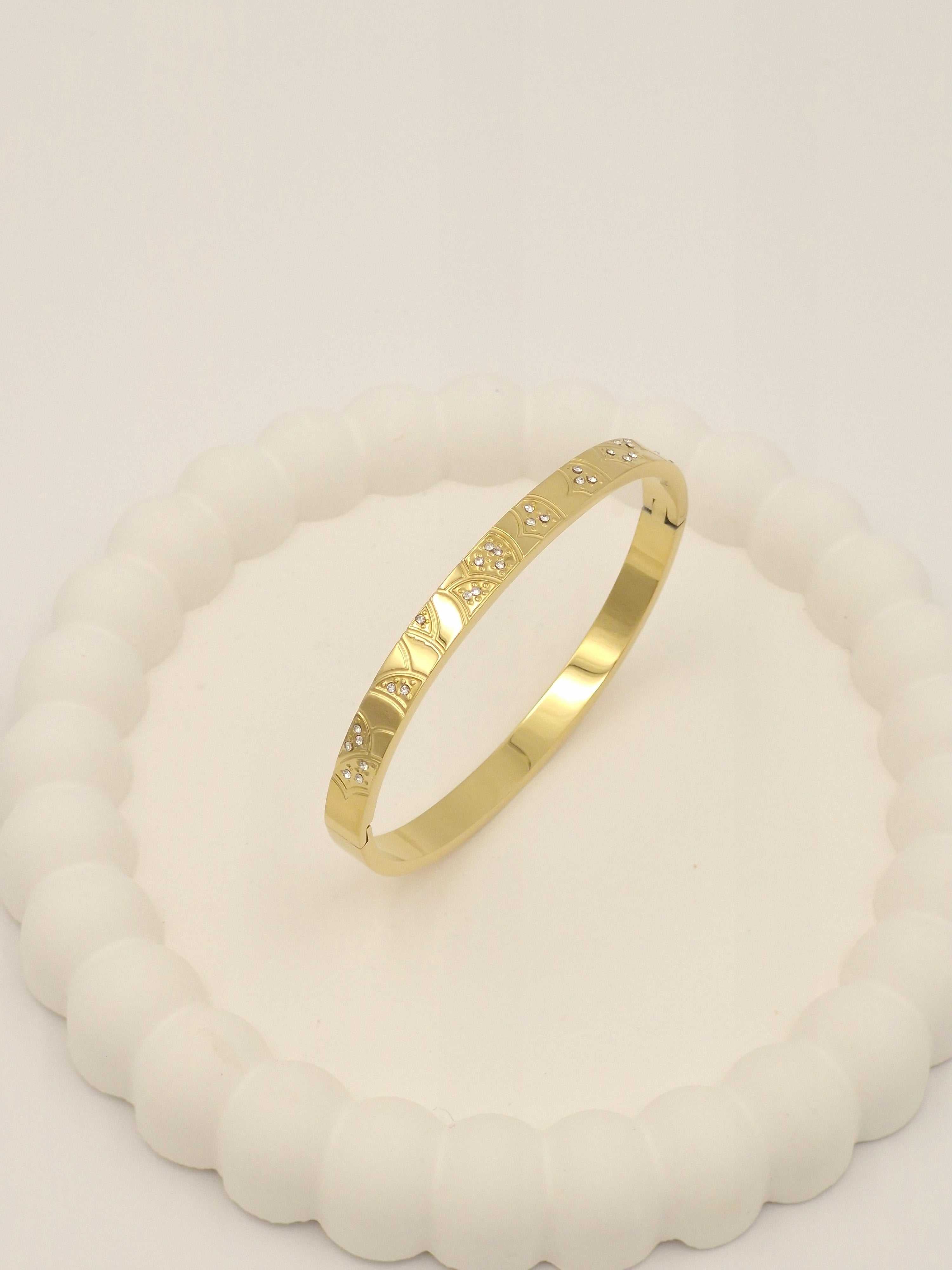 Anti-Tarnish Stainless Steel Gold-Tone Filigree Bangle Bracelet with Crystals