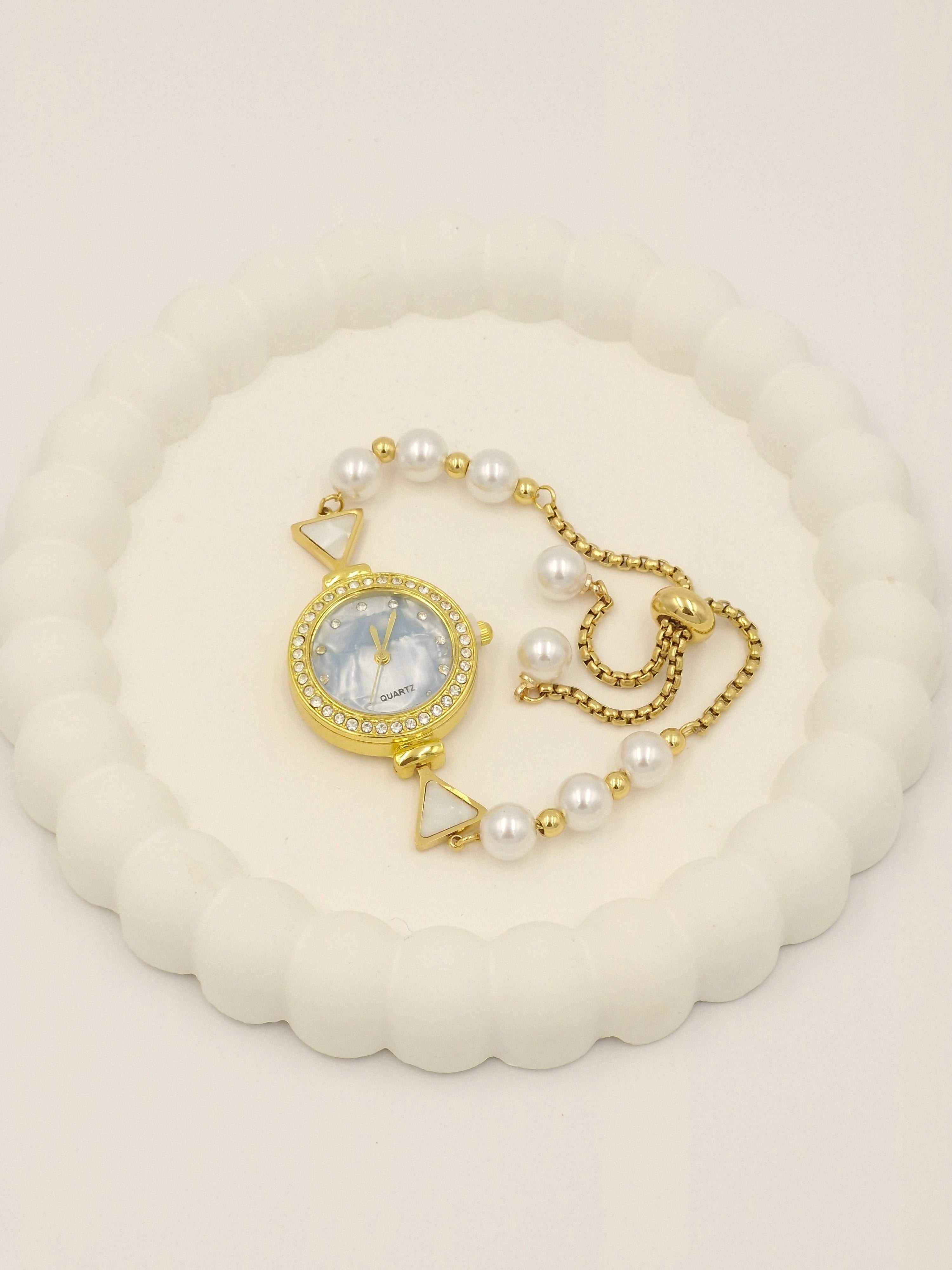 Anti-Tarnish Stainless Steel Gold-Tone Watch with Faux Pearls & Crystal Bezel