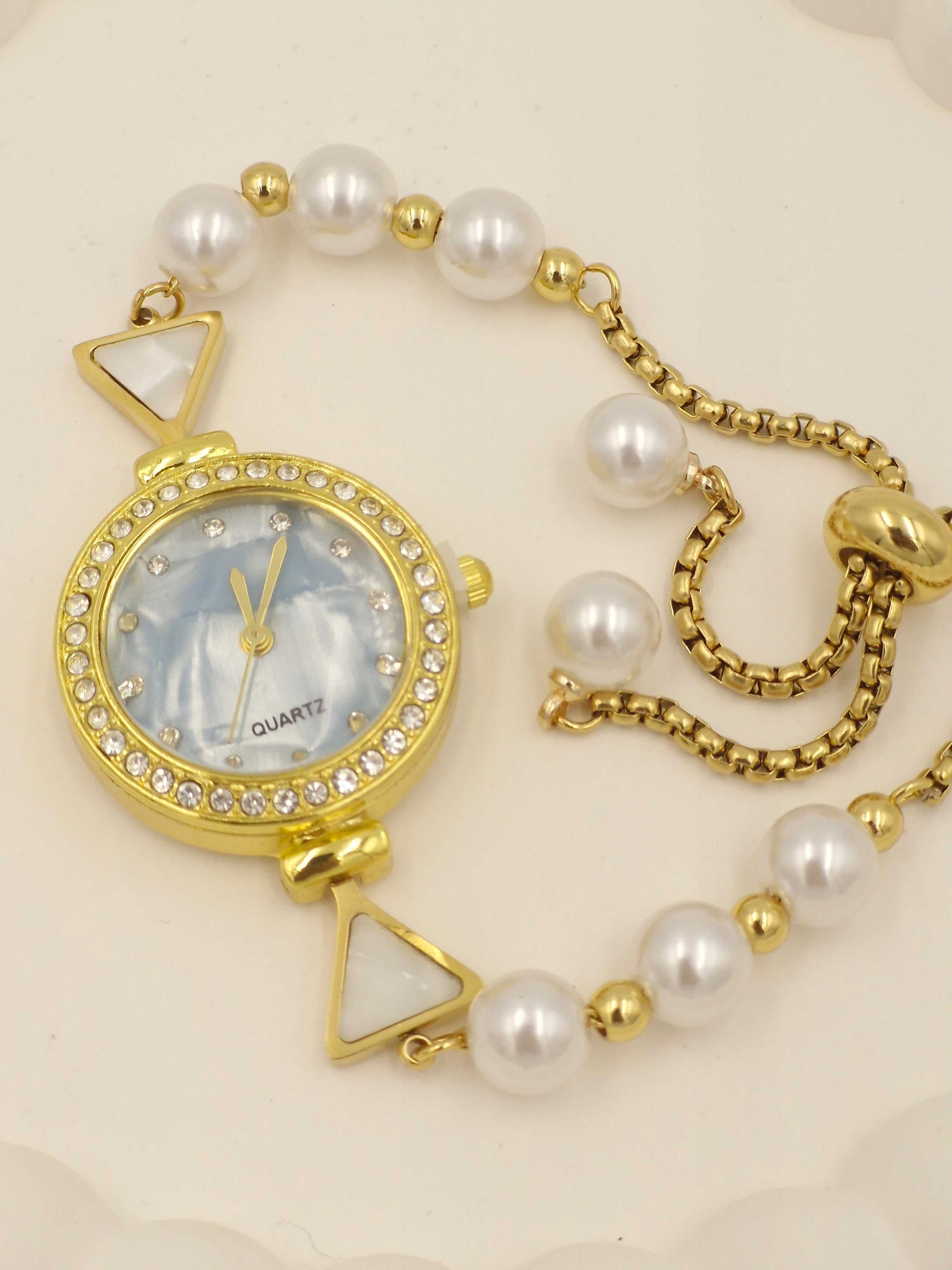 Anti-Tarnish Stainless Steel Gold-Tone Watch with Faux Pearls & Crystal Bezel