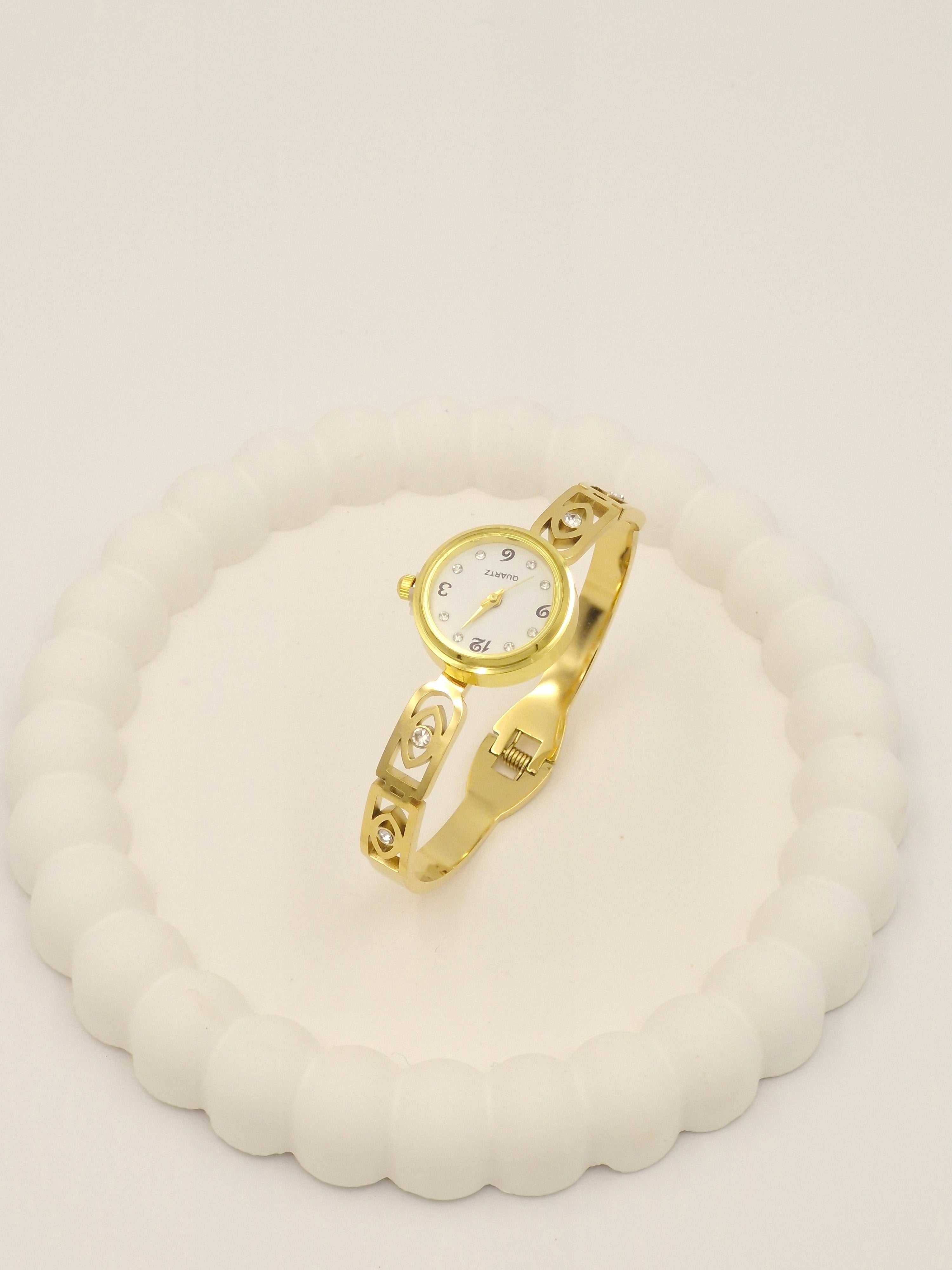 Anti-Tarnish Stainless Steel Gold-Tone Watch with Crystal-Accented Band