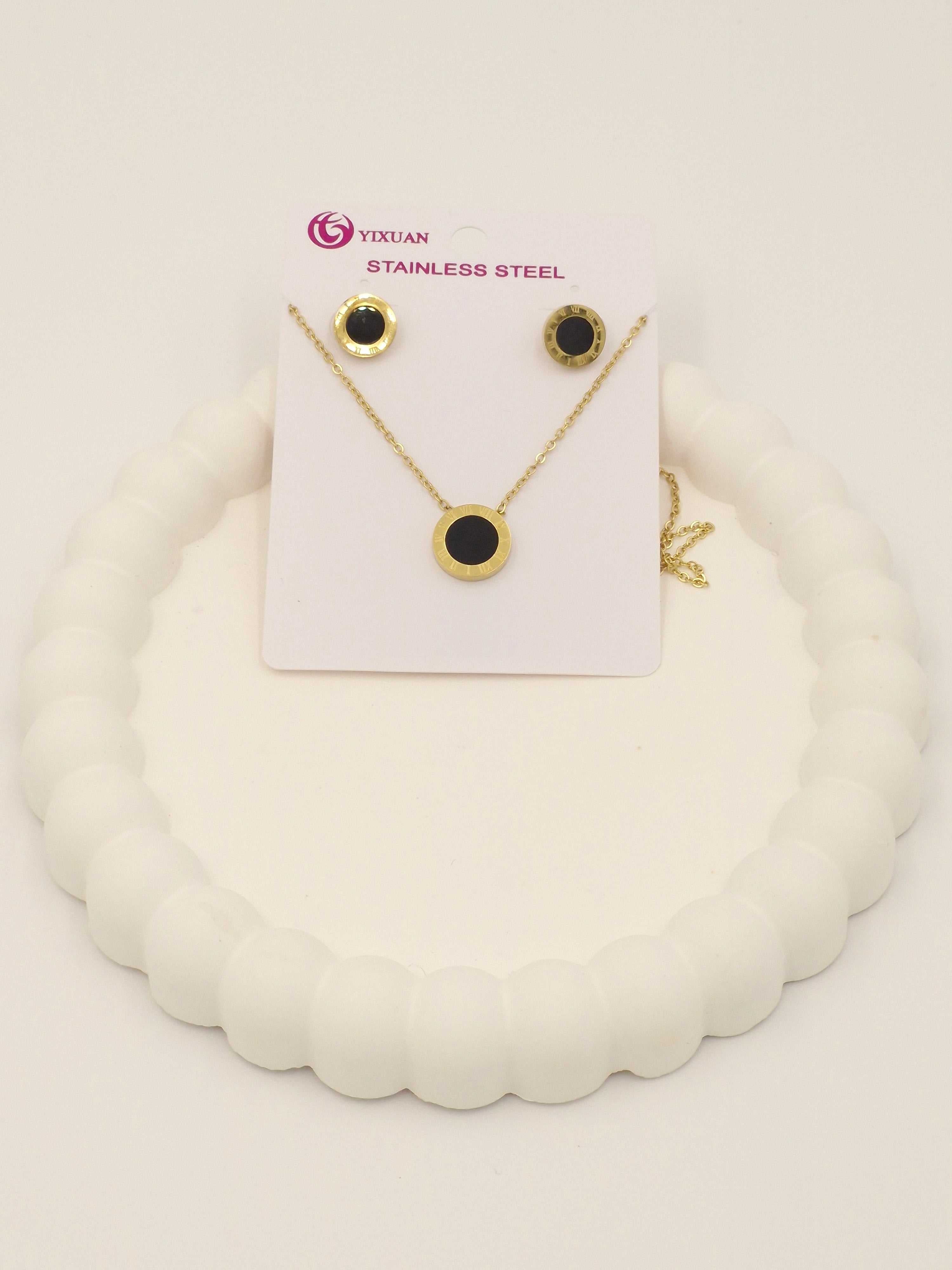 Black Enamel Pendant Necklace with Earrings | Anti-Tarnish Stainless Steel Jewellery Set for Women