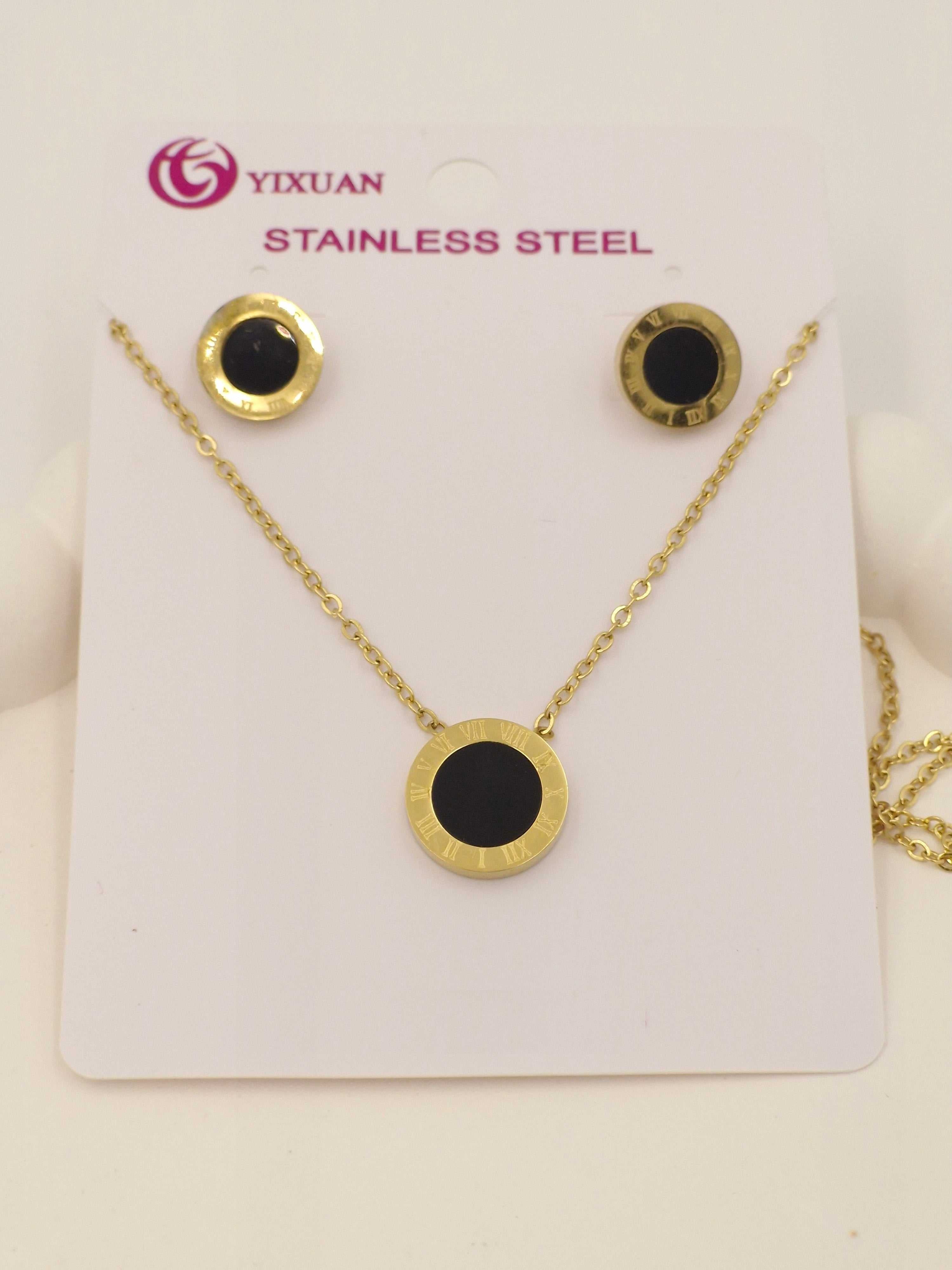 Black Enamel Pendant Necklace with Earrings | Anti-Tarnish Stainless Steel Jewellery Set for Women