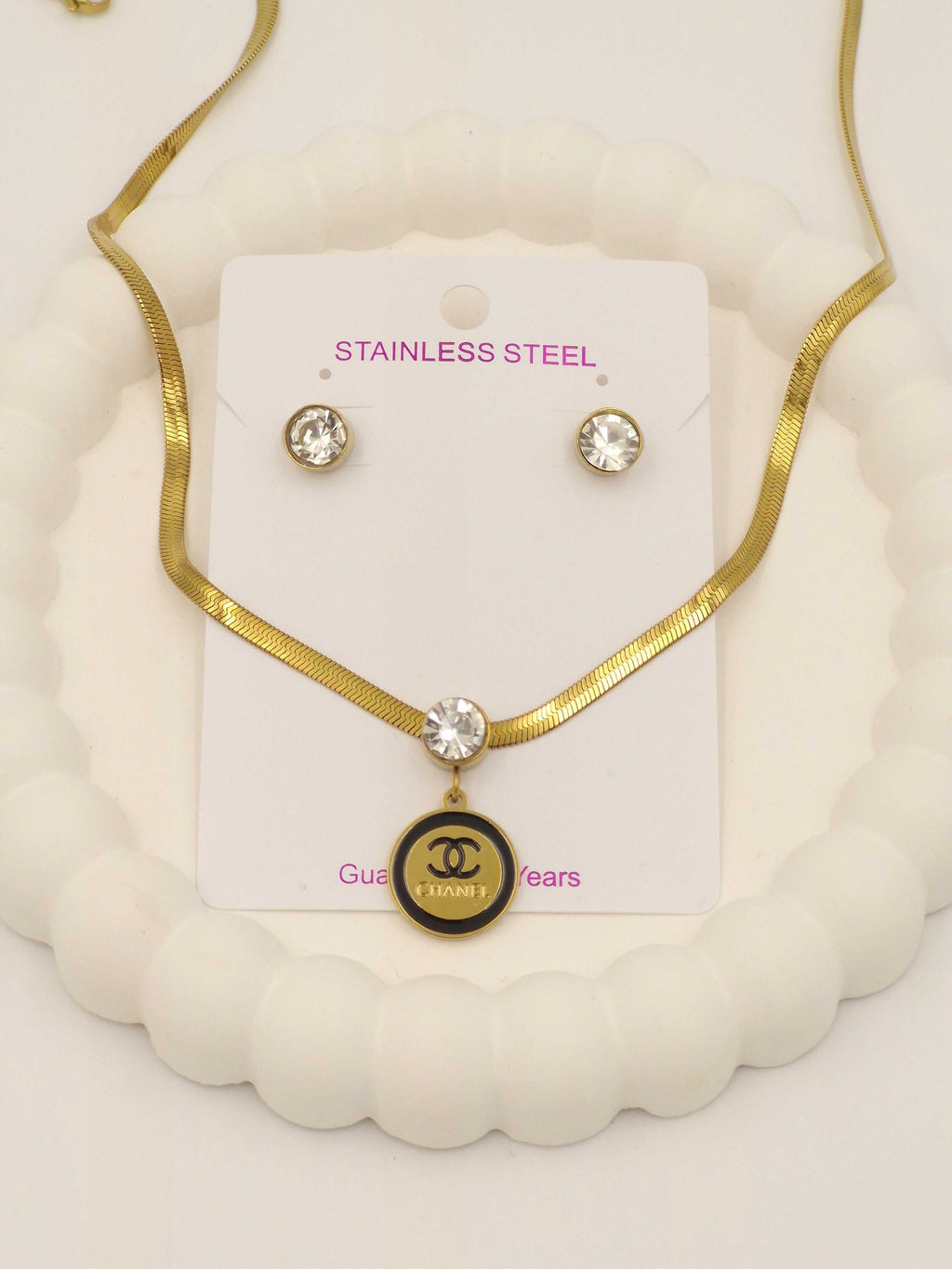 Gold Stainless Steel Necklace with Crystal Pendant & Earrings | Anti-Tarnish Jewellery Set for Women