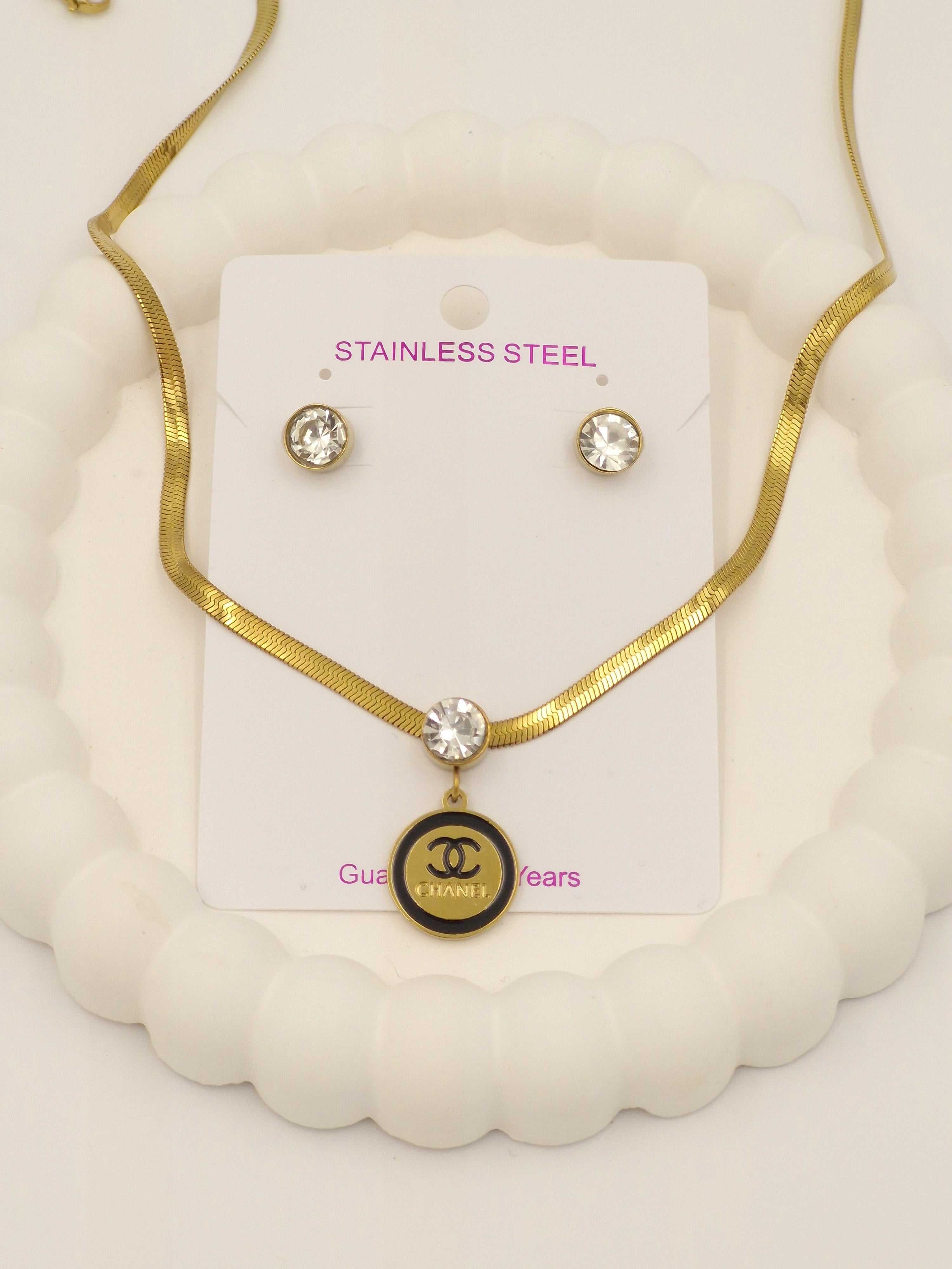 Gold Stainless Steel Necklace with Crystal Pendant & Earrings | Anti-Tarnish Jewellery Set for Women