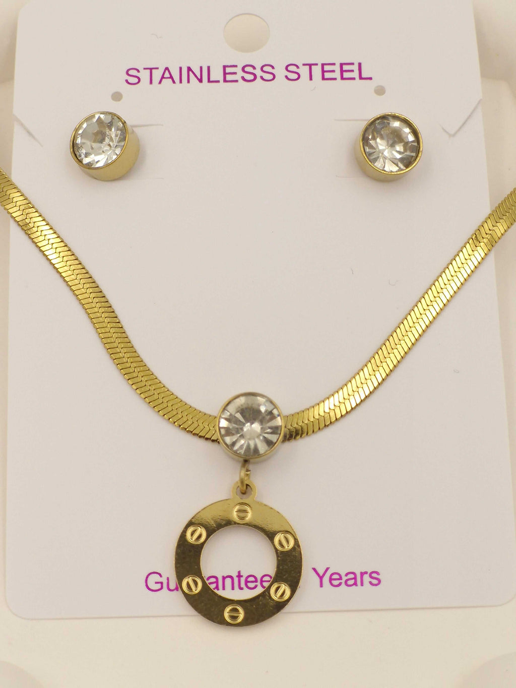 Gold Stainless Steel Necklace Set with Screw-Motif Circle Pendant & Crystal Earrings | Anti-Tarnish Jewellery