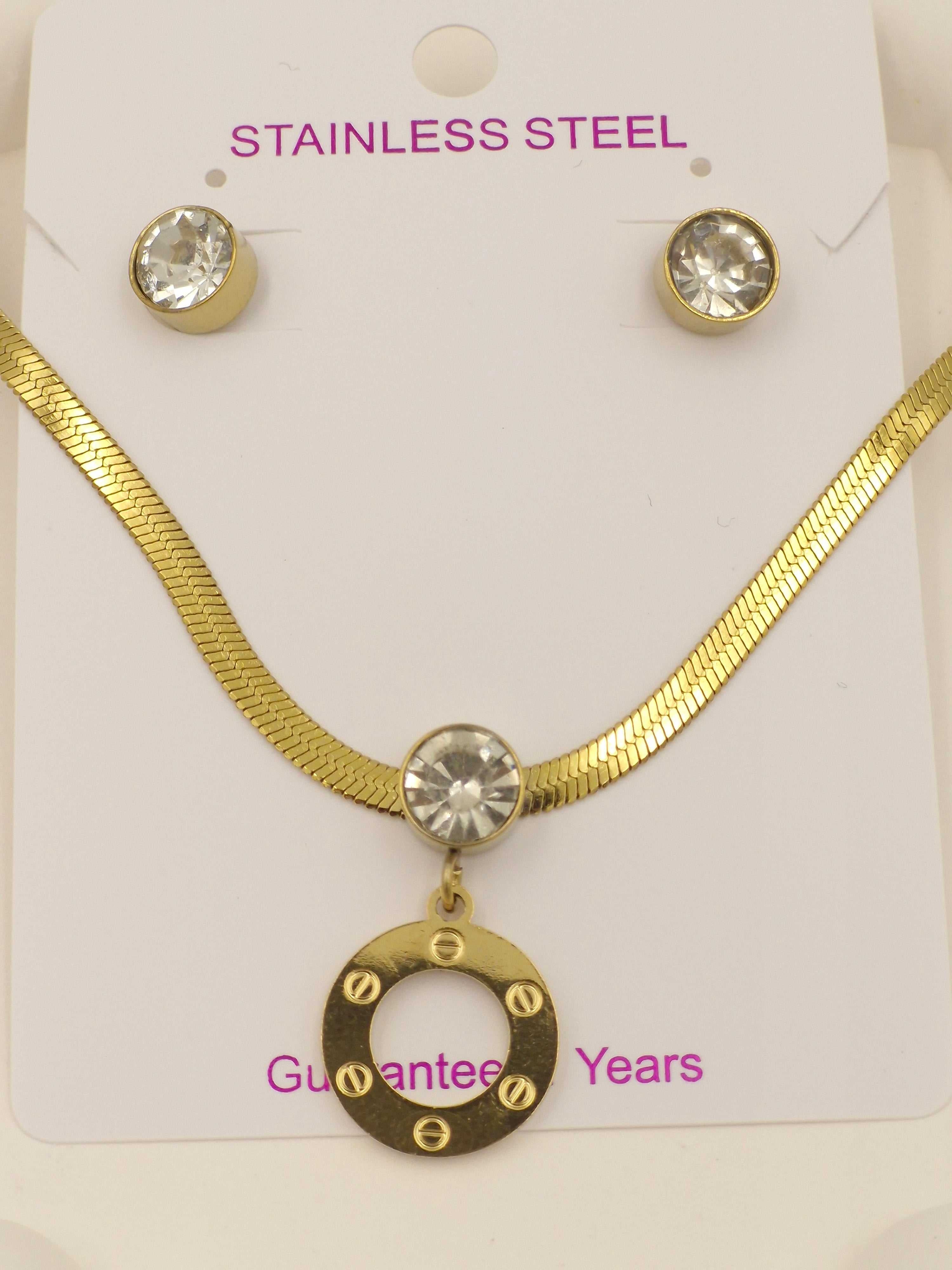 Gold Stainless Steel Necklace Set with Screw-Motif Circle Pendant & Crystal Earrings | Anti-Tarnish Jewellery