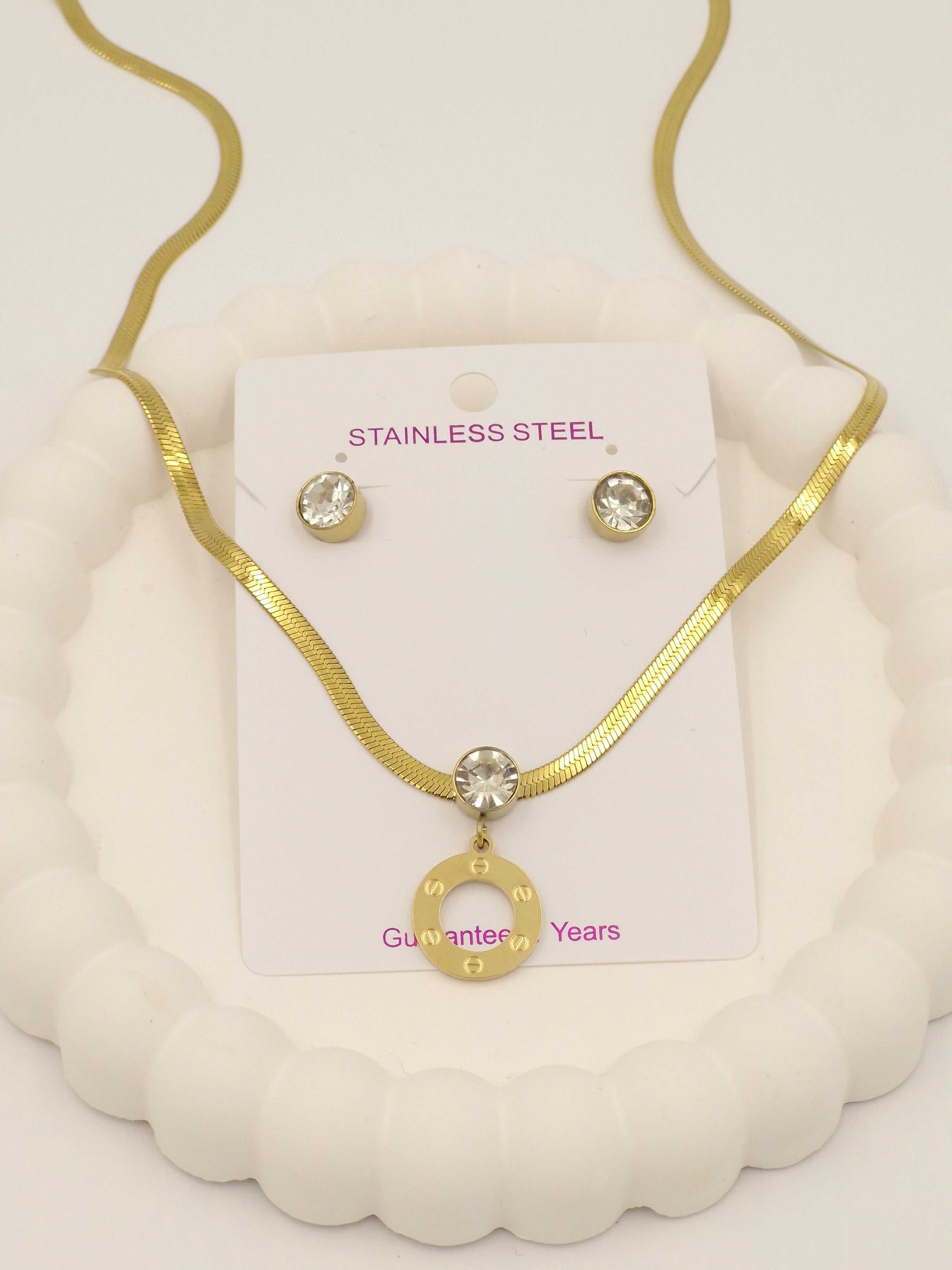 Gold Stainless Steel Necklace Set with Screw-Motif Circle Pendant & Crystal Earrings | Anti-Tarnish Jewellery