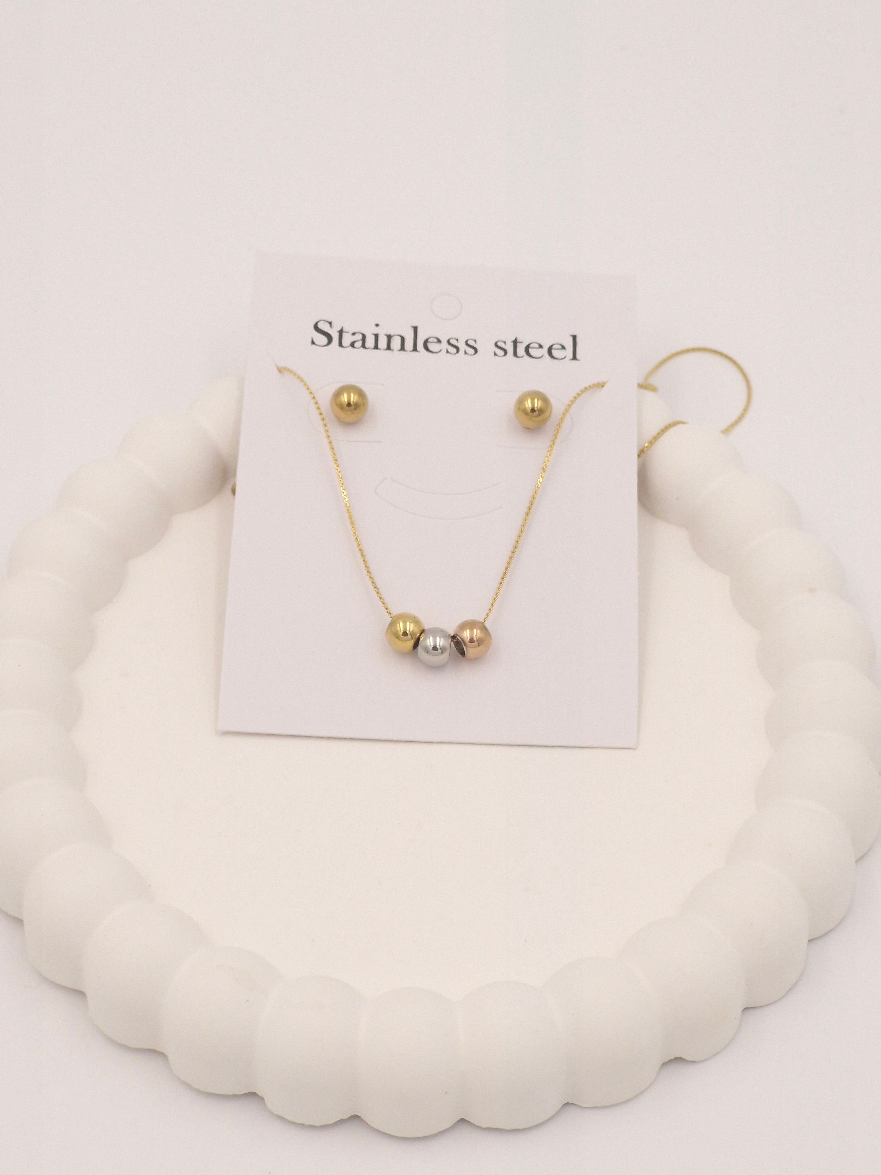 ✨ Gold & Silver Bead Necklace with Matching Earrings | Anti-Tarnish Stainless Steel Jewellery Set for Women ✨