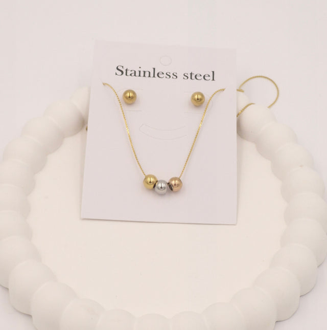 ✨ Gold & Silver Bead Necklace with Matching Earrings | Anti-Tarnish Stainless Steel Jewellery Set for Women ✨