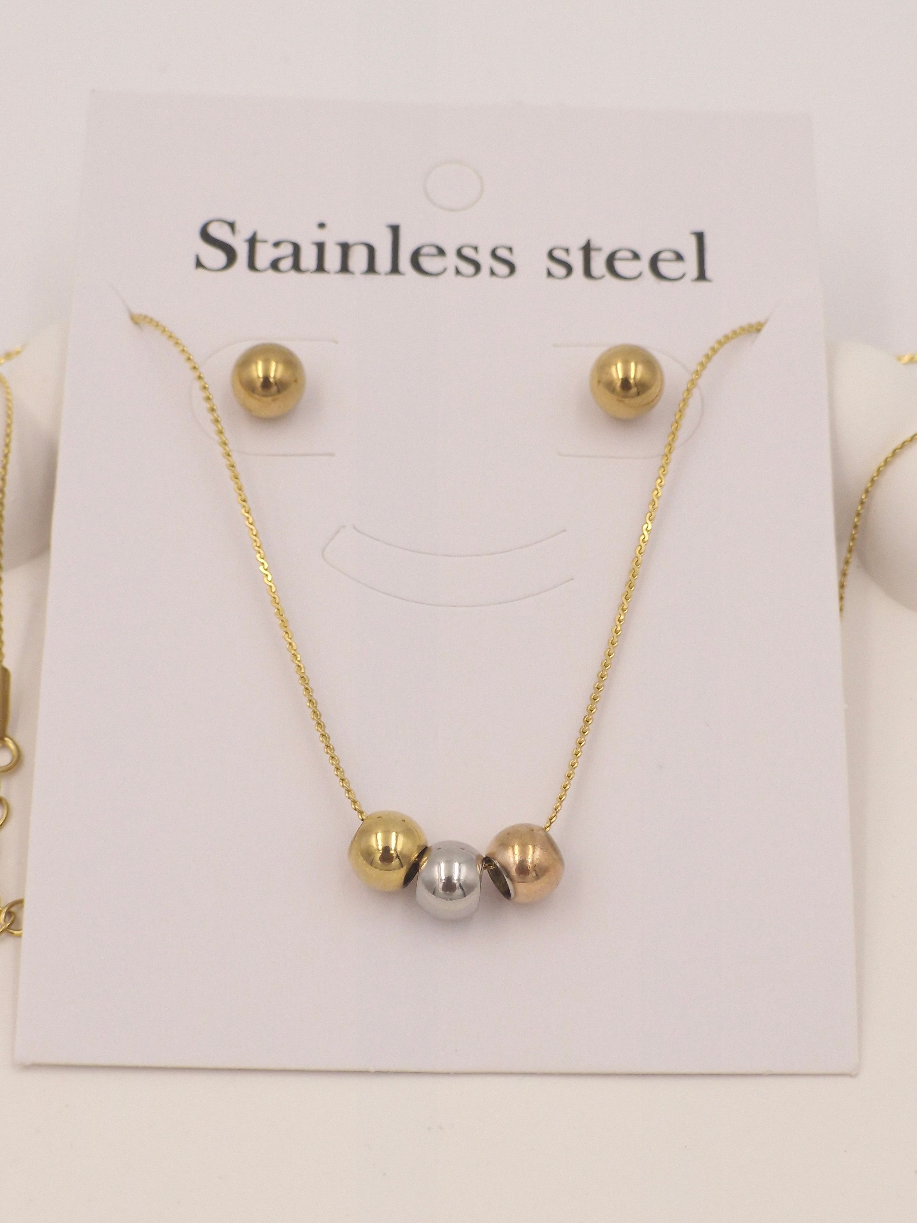 ✨ Gold & Silver Bead Necklace with Matching Earrings | Anti-Tarnish Stainless Steel Jewellery Set for Women ✨