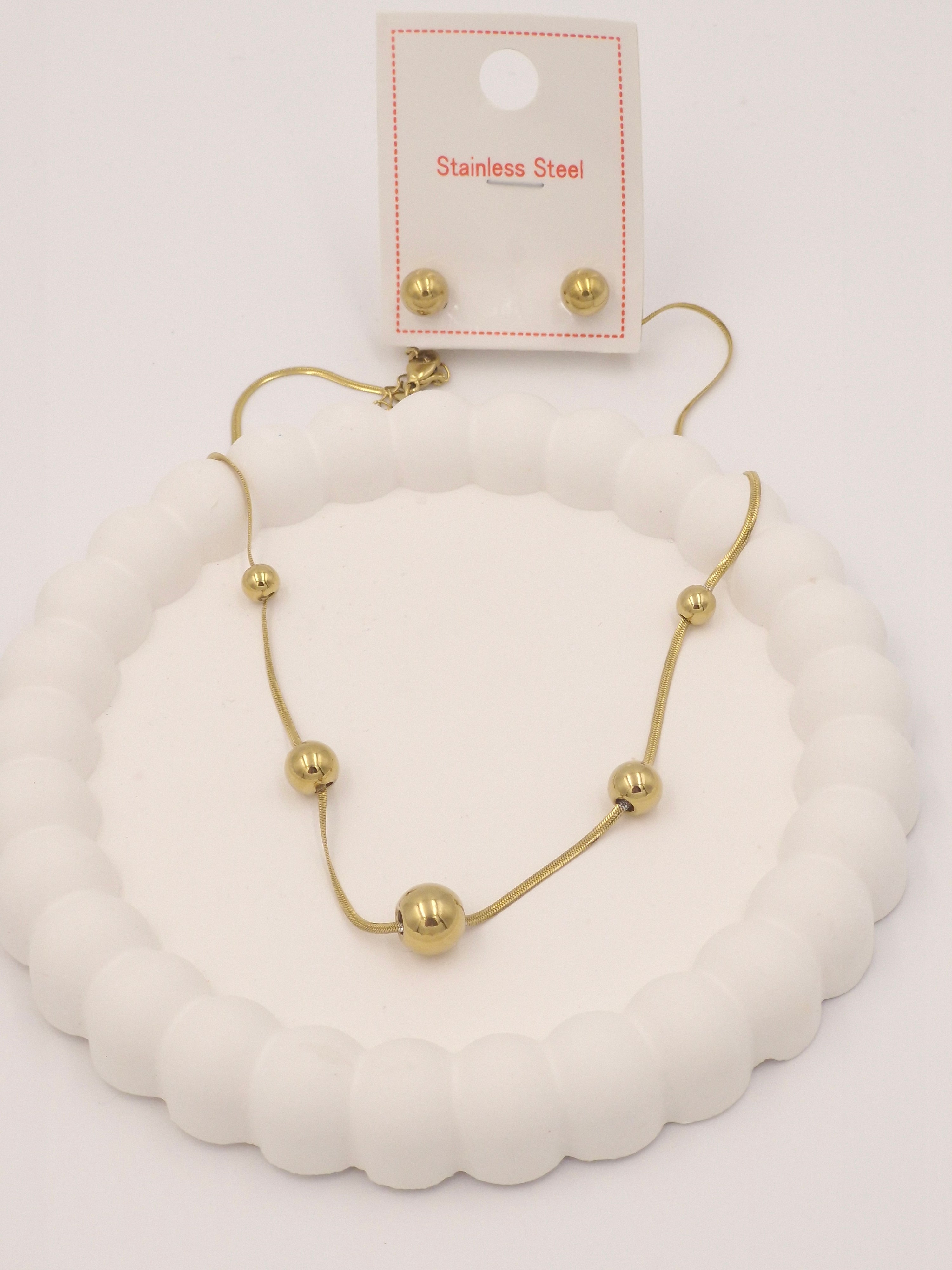 Gold Bead Necklace with Matching Earrings | Anti-Tarnish Stainless Steel Jewellery Set for Women